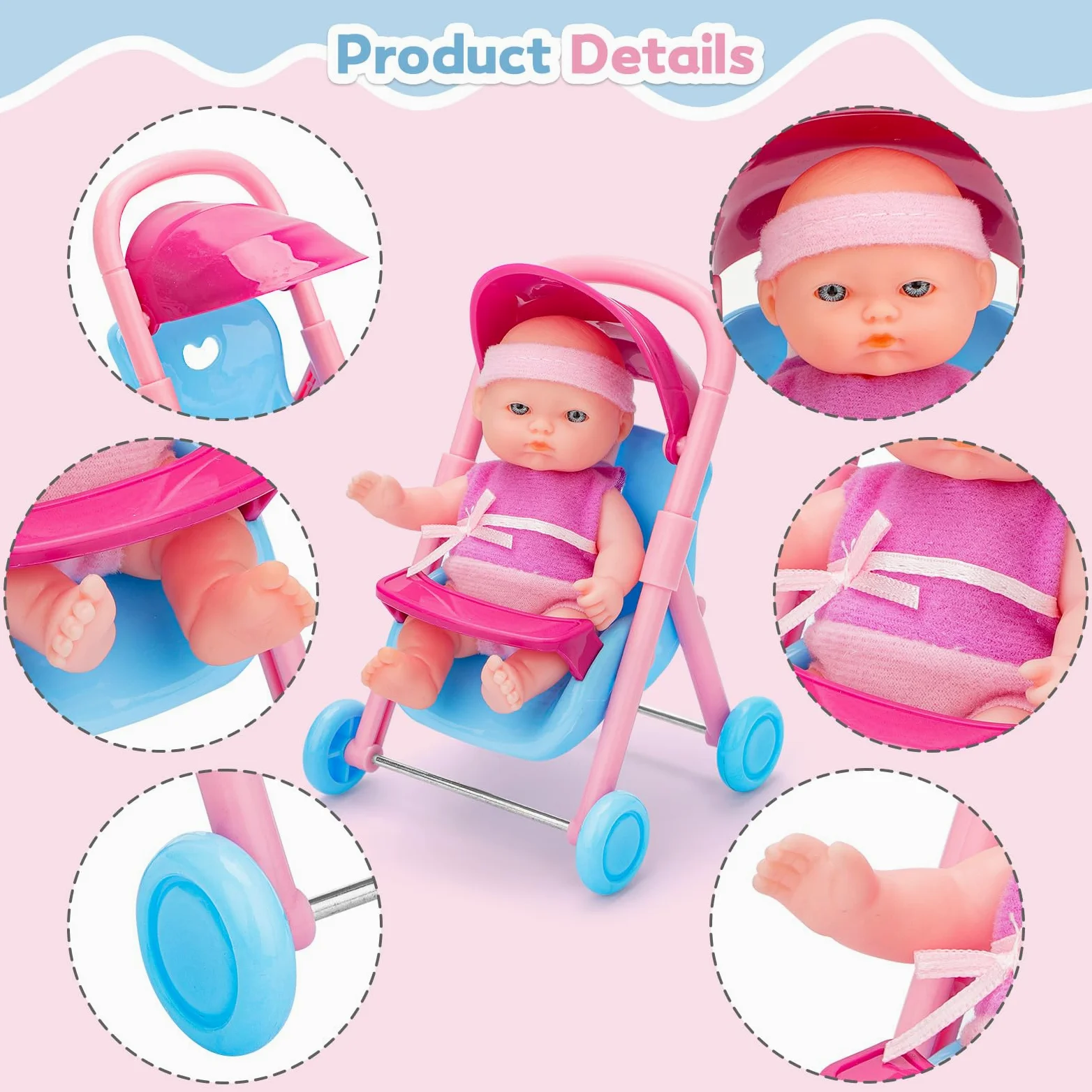 deAO Set 8 Mini Bambole 13 cm con Accessori – Gioco Creativo per Bambini 3+ | Include Deambulatore, Sedia Dondolo, Seggiolino Auto, Altalena, Vasino, Biberon, Età, Perfetto per Ruolo, Soli o in Gruppo