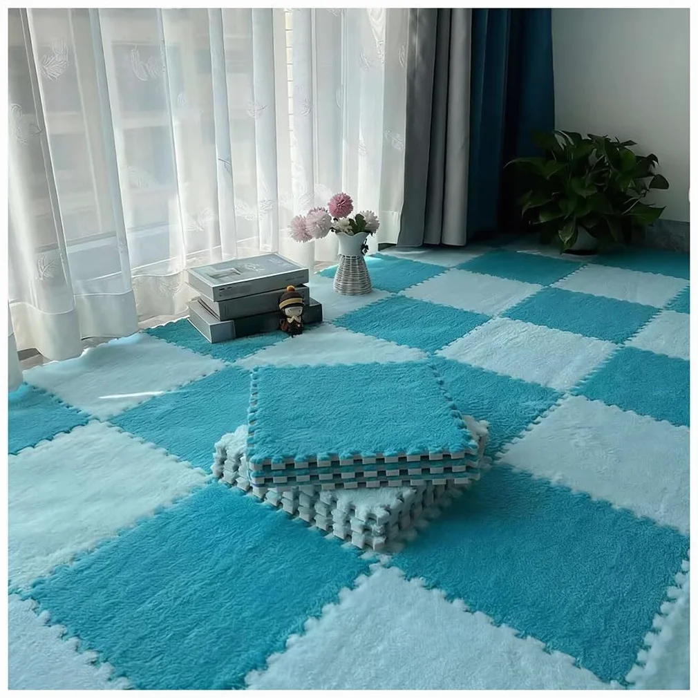 12 tappetini puzzle in schiuma ad incastro con bordi – blu cielo e blu scuro morbido tappeto piastrelle per soggiorno e camera da letto ideale per aree giochi per bambini e decorazioni per la casa