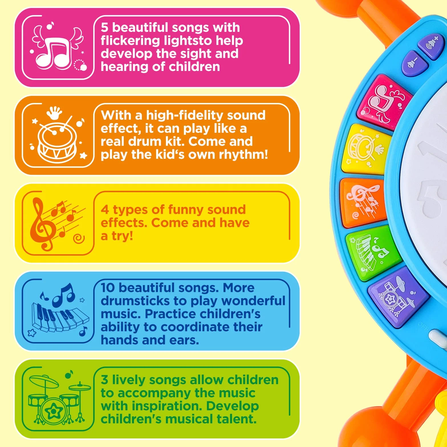 deAO Tamburo Bebe,Set di percutions per principianti, con 3 batterie e microfono, 18 canzoni, 2 bacchette, effetti sonori e luminosi che rendono questo kit batteria bambino strumento