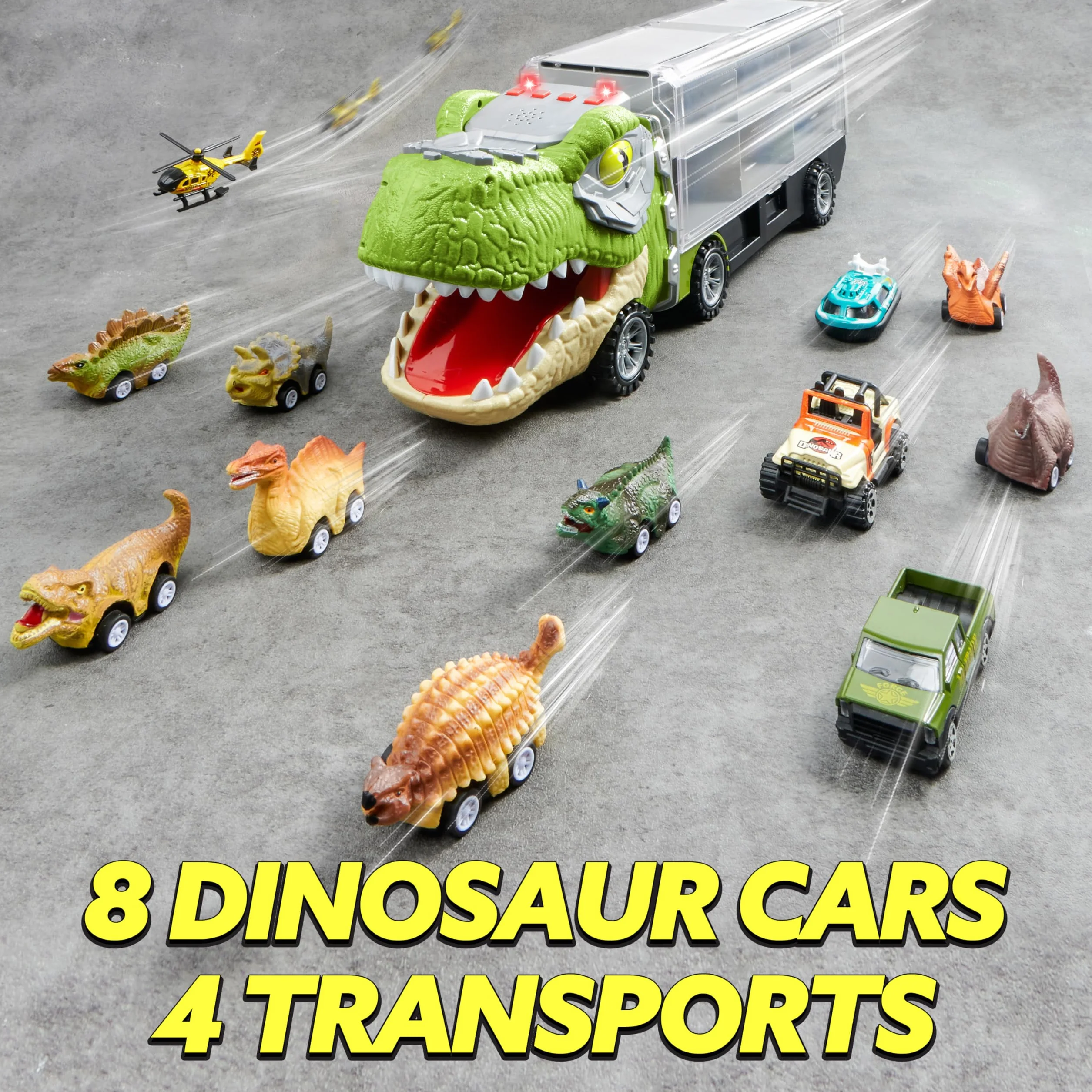 JOYIN 13 Pcs Dinosaur Toy Car Transporter for Kids, con 12 veicoli dinosauro retrattili, 1 camion trasporto dinosauri giocattolo con musica, suoni, luci, 1 elicottero
