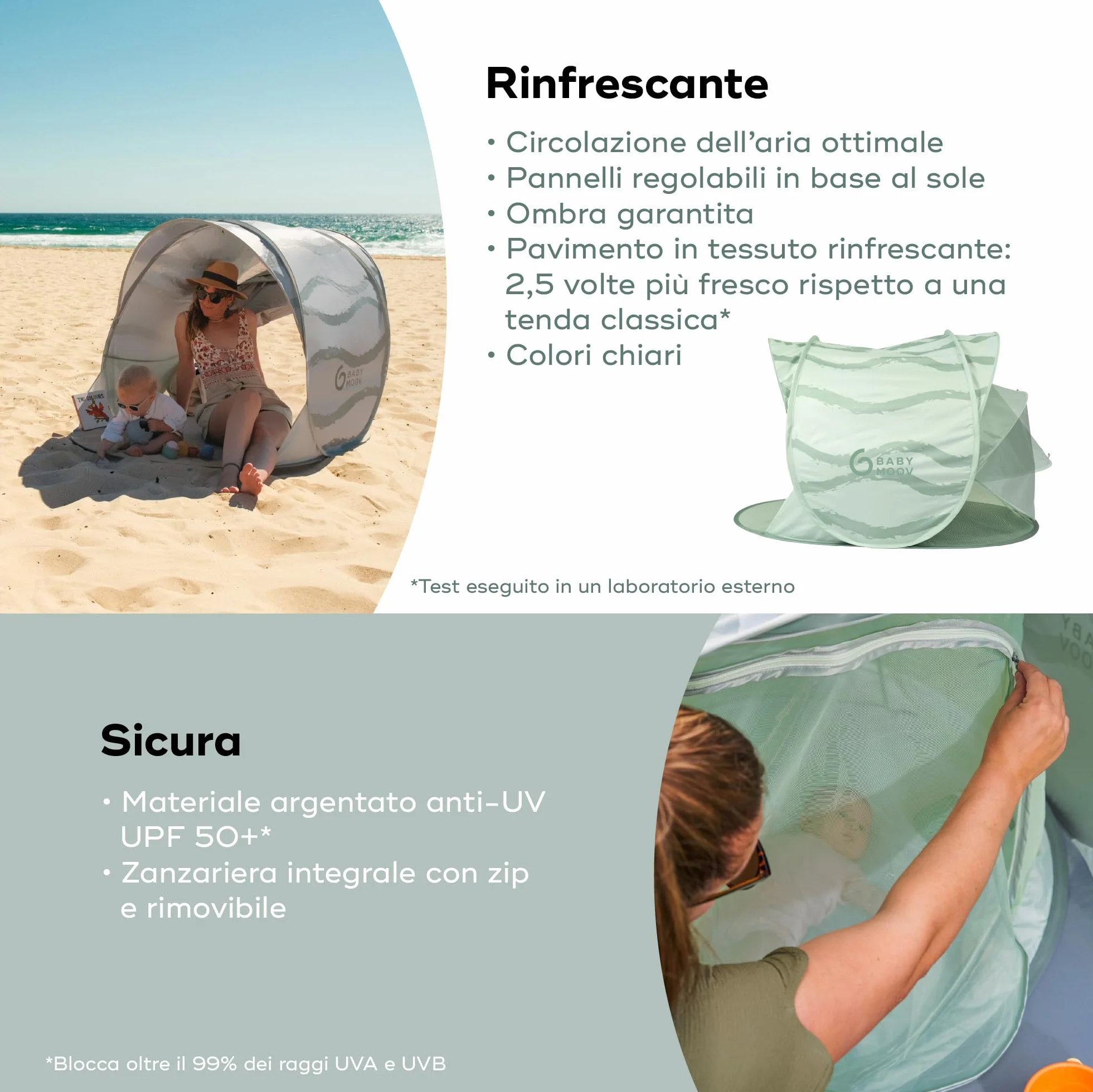 Babymoov Tenda anti-UV Moov & Protect - Alta protezione UPF 50+ - Tenda Rinfrescante - Grande Dimensione - Sistema Pop-Up - Zanzariera