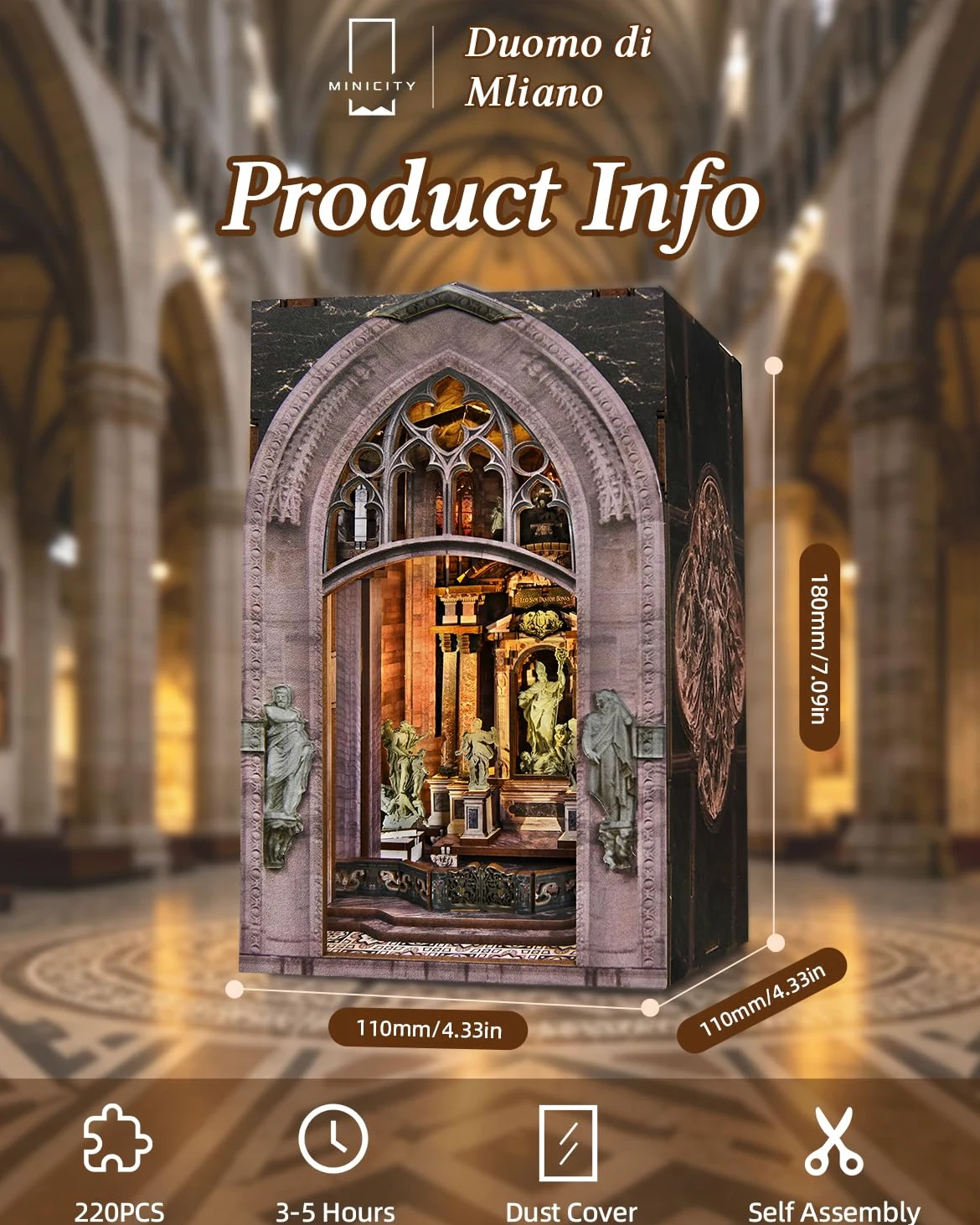 MiniCity Kit Book Nook, casa delle bambole fai da te, casa delle bambole, casa in miniatura per adulti, con luce LED, puzzle in legno 3D e fermalibri, decorazione e regalo (Duomo di Mliano)