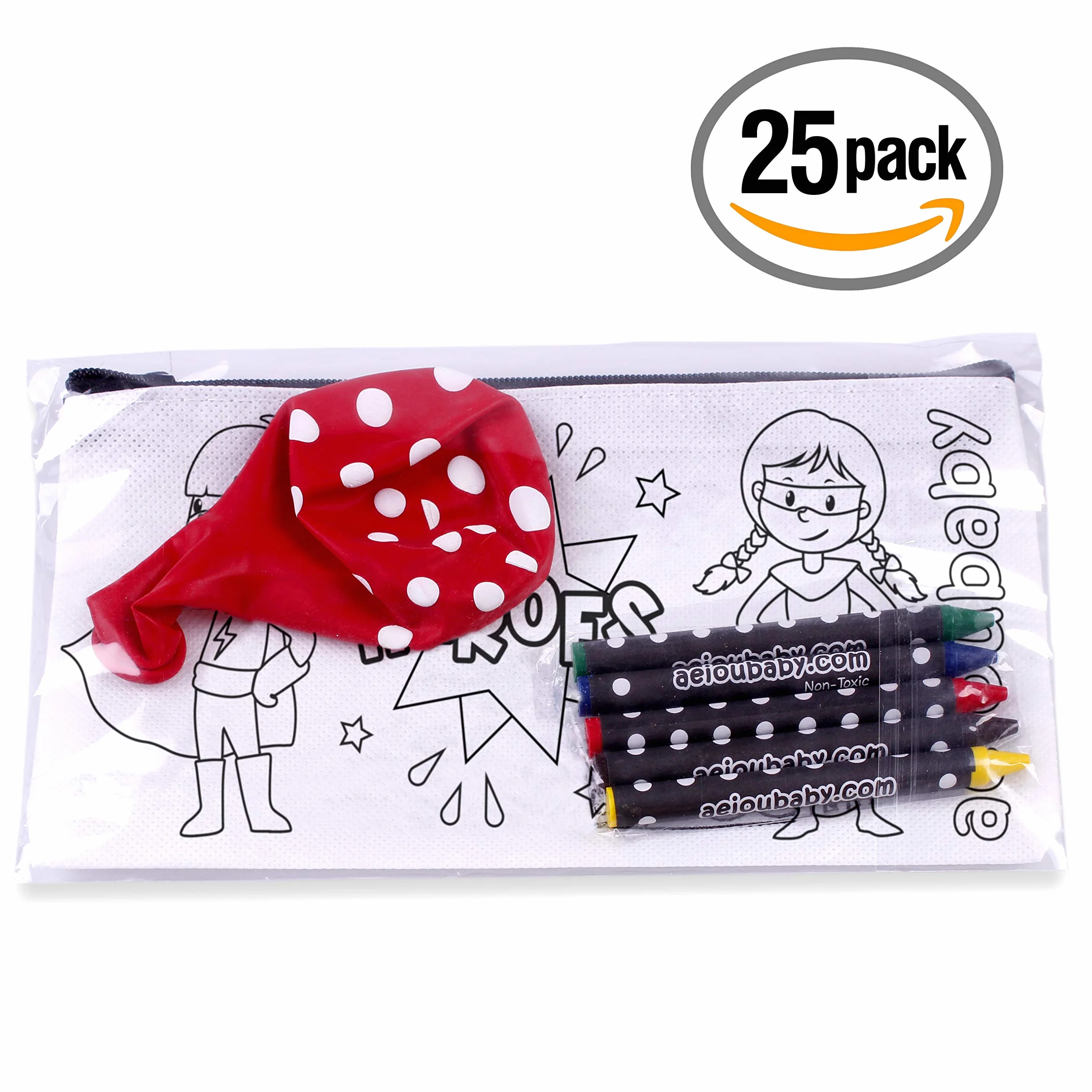 aeioubaby.com 25 Astucci da Colorare + Borsa Riutilizzabile | Bustine singole con 5 Colori a Cera e un Palloncino | Regalo per bambini per le feste e i compleanni (Eroi)