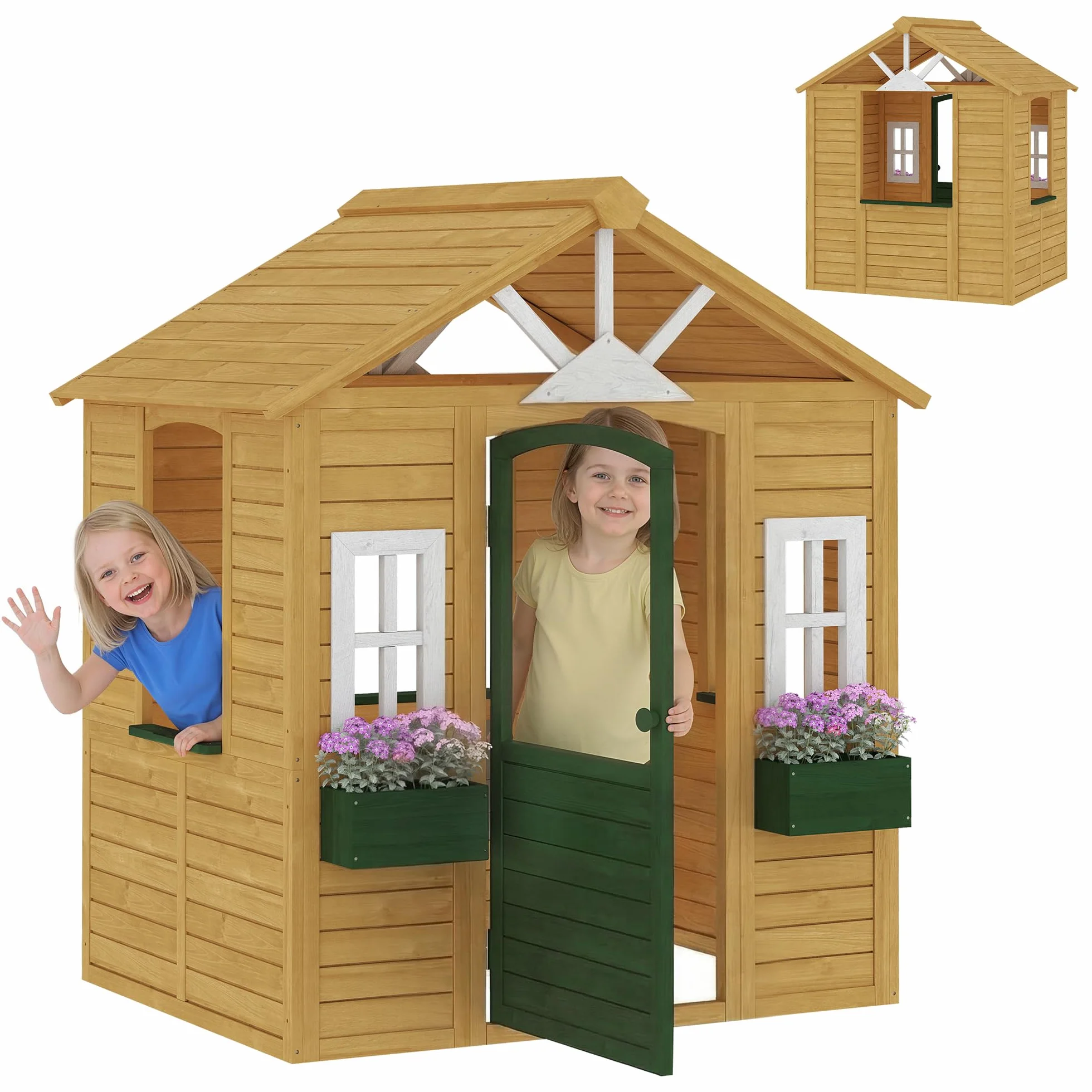 AIYAPLAY Casetta da Giardino per Bambini in Legno di Abete, Casetta per Bambini da Esterno con 3 Finestre, 2 Fioriere, Porta e Tetto, per Bimbi 3-8 Anni, Interno ed Esterno, 134.5x97x150 cm, Marrone