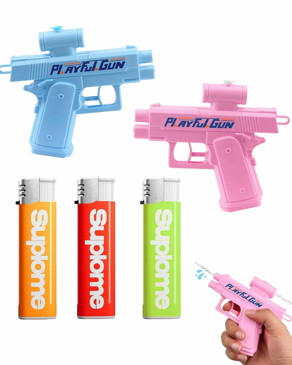 3 Pezzi Set di scherzi, Accendino a Pistola ad Acqua and Nuova pistola ad acqua per scherzi, Giocattolo di Scherzo, Pistola a Spruzzo ad Acqua, Scherzi Divertenti, Piccoli Giocattoli