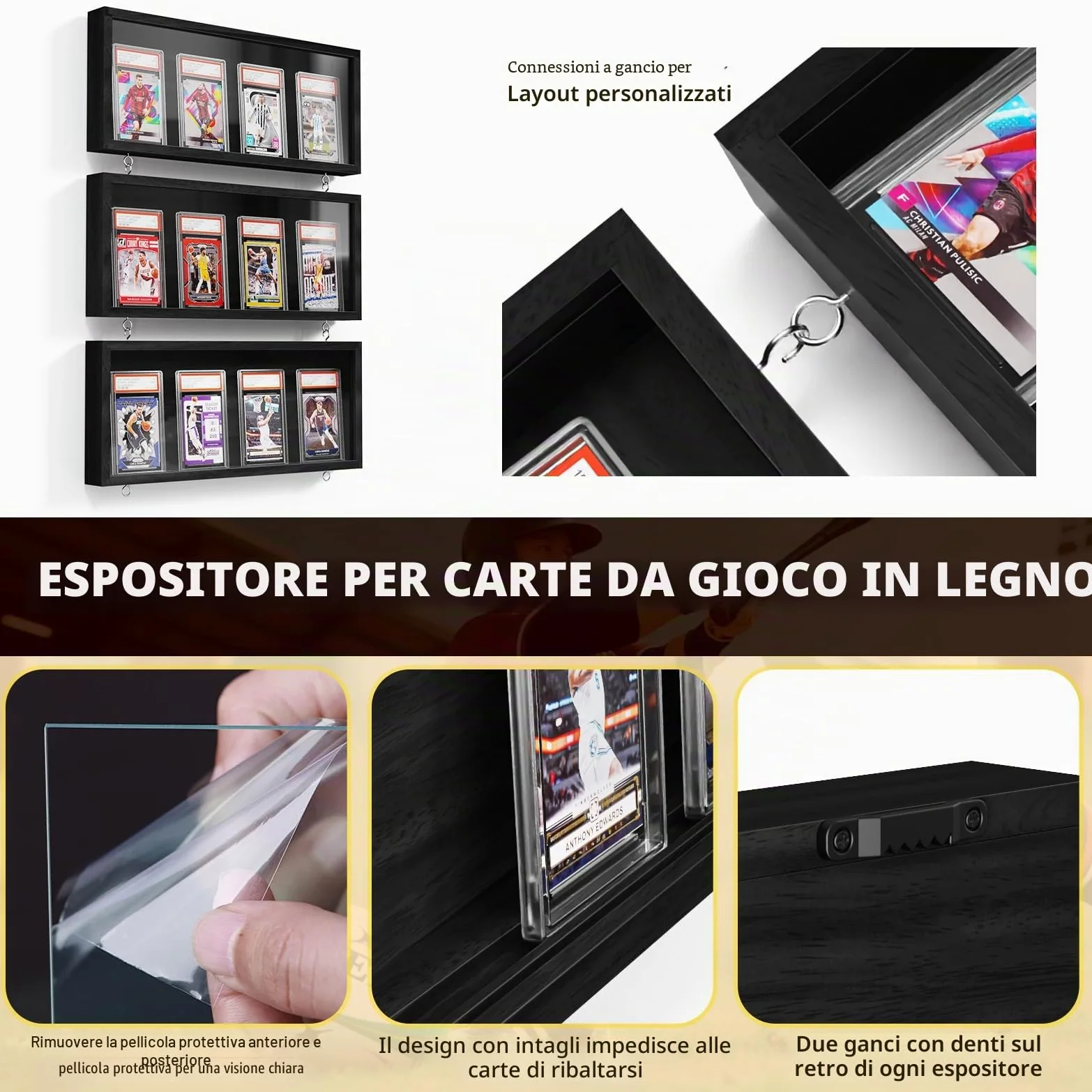 3 Pezzi Espositore a Parete di Carte, Legno Piani Espositore di Carta per Collezione di Baseball Sport, Cornice di Visualizzazione HD