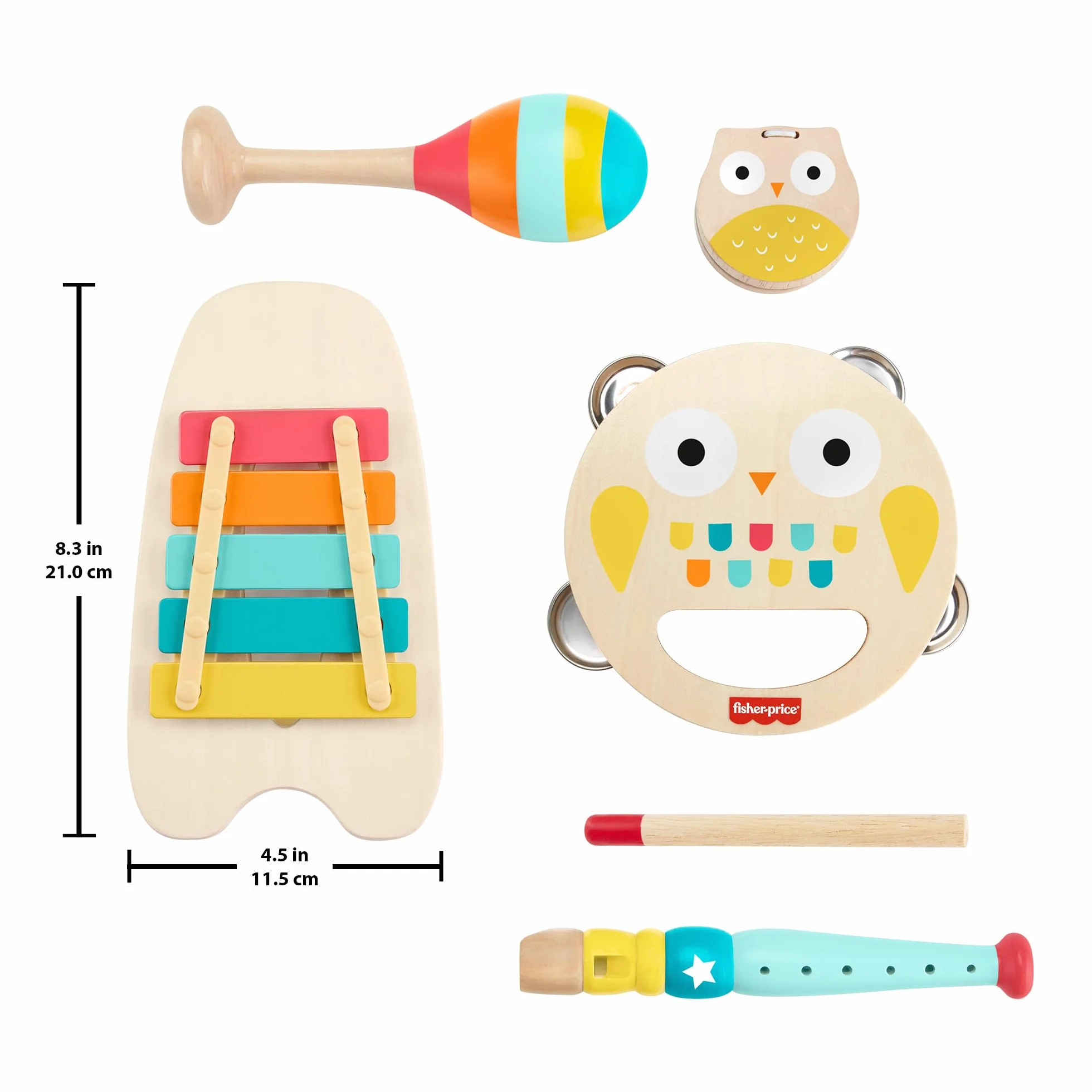 Fisher-Price - Set Strumenti Musicali, 6 Strumenti Giocattolo in Legno a Forma di Animali per Lo Sviluppo delle capacità motorie e sensoriali, Giocattolo per Bambini, 2+ Anni, HXT90