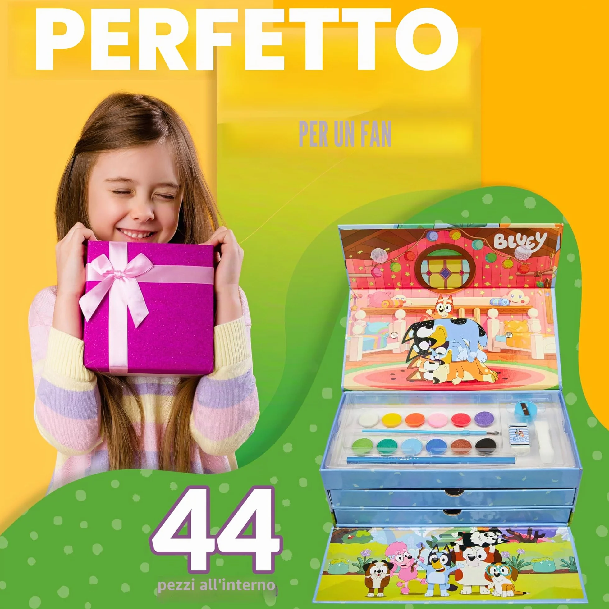 Bluey Valigetta Colori per Bambini, Set Disegno con Penne e Pastelli, Regali Bambini (Blu 3 livelli)