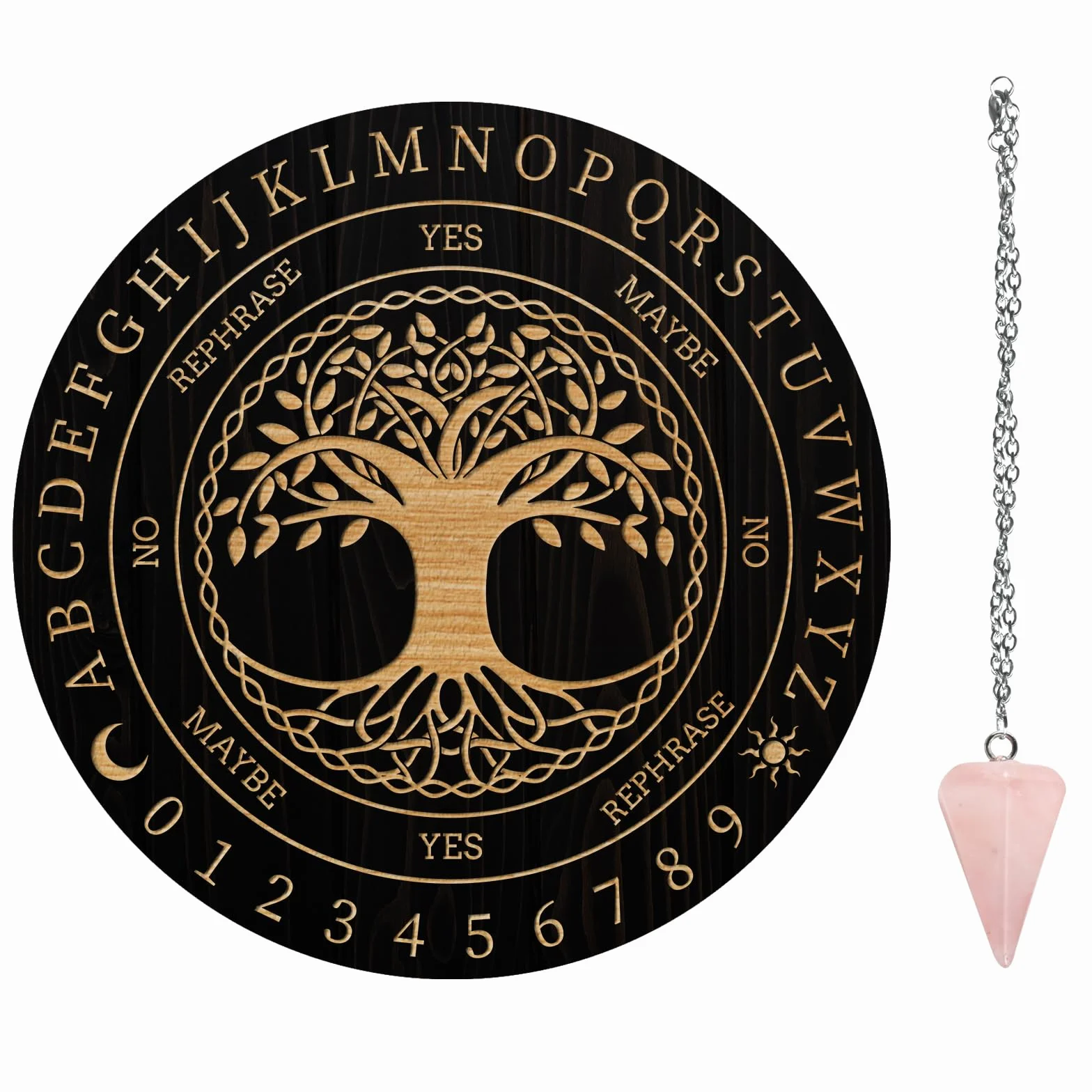 AHANDMAKER Set di Tavole a Pendolo Tavola di Divinazione di Radiestesia Tavola di Messaggio Metafisica con Collana a Pendolo in Cristallo per Forniture di Altare di Stregoneria, Albero della Vita