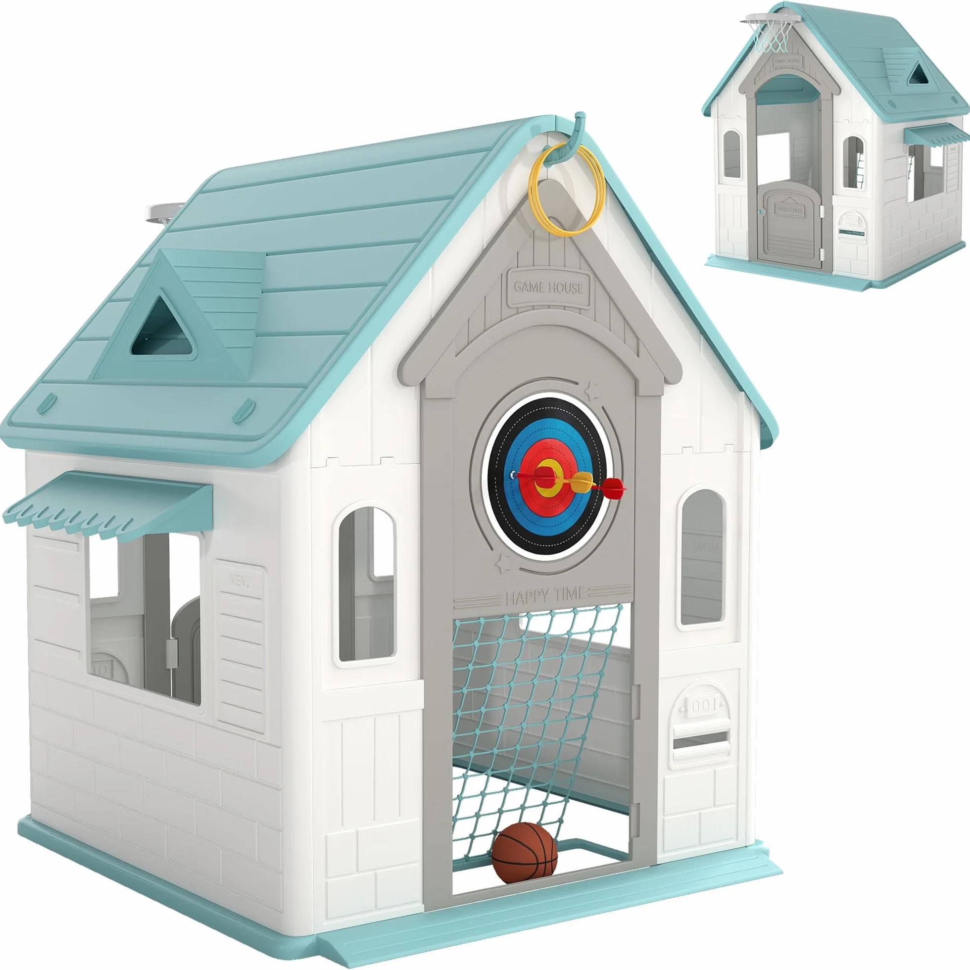 AIYAPLAY Casetta da Giardino per Bambini 5 in 1 con Palla da Basket, Anelli, Freccette, Porta Calcio, Porte e Finestre, Casa Gioco Casetta da Interno per Bambini 2-5 Anni, 132x118x124 cm, Multicolore