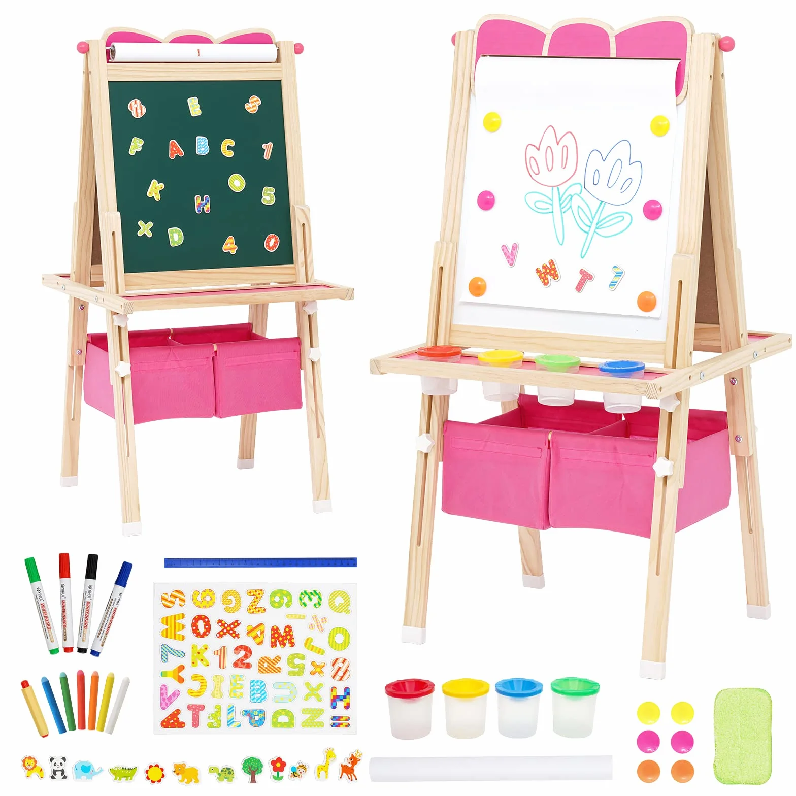 Cavalletto 3 in 1 per Bambini per Neonati Regolabile in Altezza con Rotolo di Carta,Lavagna, Lavagna Bianca, Set per Dipingere e Custodia Lavagna per Bambini con Supporto, Rosa