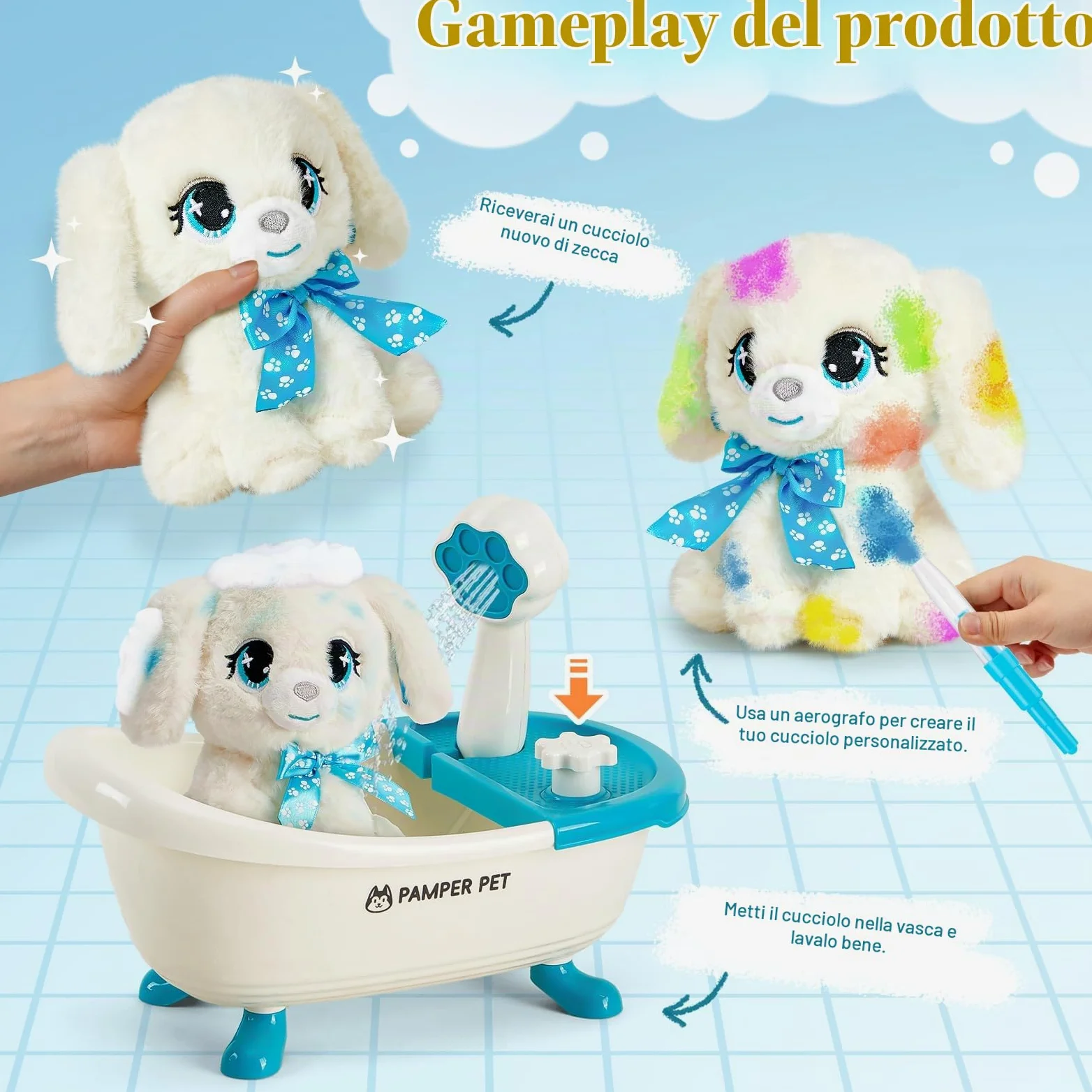 Toylink Cane Giocattolo Bambina, Peluche Cane con Vasca da Bagno a Spruzzo e Penne Lavabili, Regali Compleanno Bambina, Giocattoli Creativi per Bambini 4 5 6 7 8 Anni per Natale