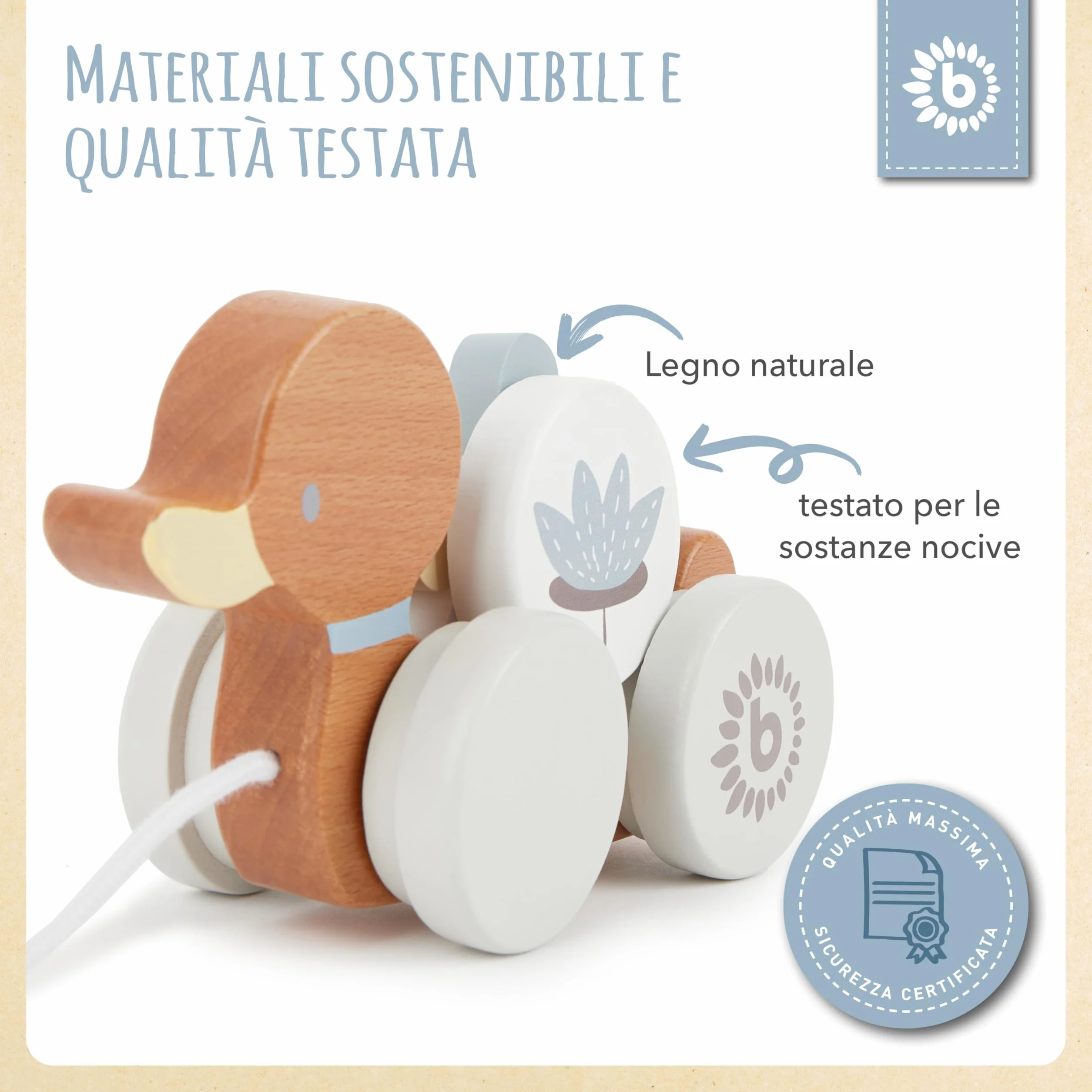 Bieco Anatra in Legno da Tirare | Giocattolo Trainabile per Bambini da 1 Anno | Animale da Traino