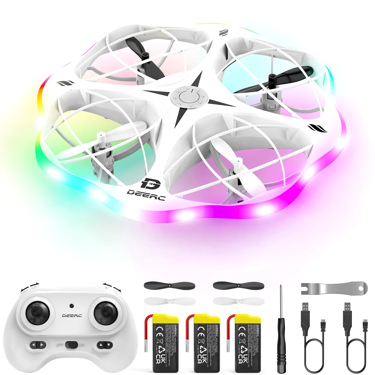 DEERC D13 Mini Drone per Bambini con 3 Batterie, Evitamento Ostacoli e LED | Mini UFO Facile da Usare con 6 Modalità LED, Lancio a Mano, Flip 3D, Regalo per Bambini 6-12 Anni