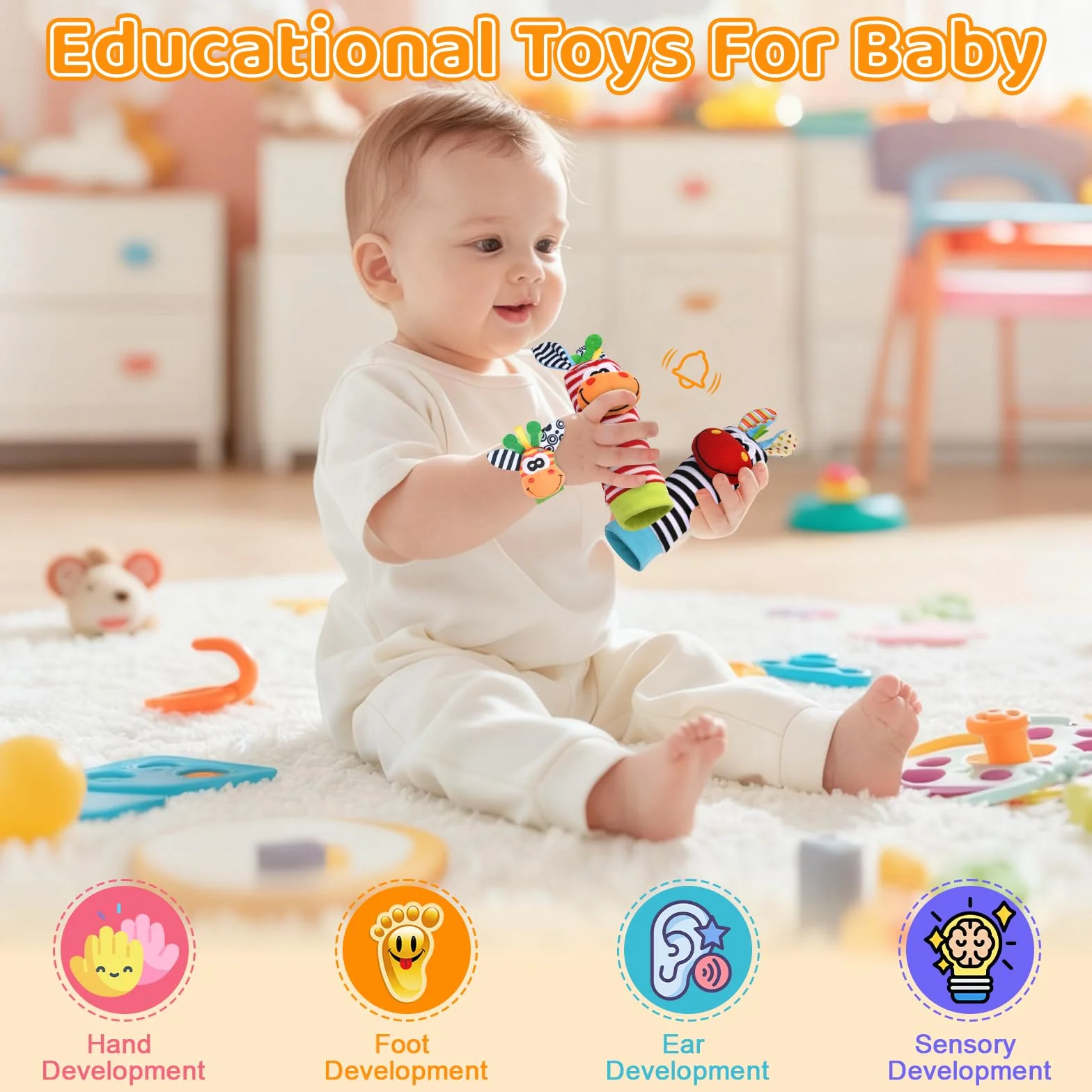 Vicloon Baby Rattle 4 Pack Neonato Sonagli Calzini da Polso Sonagli Sensoriali Giocattoli Soffici 0-6 Mesi