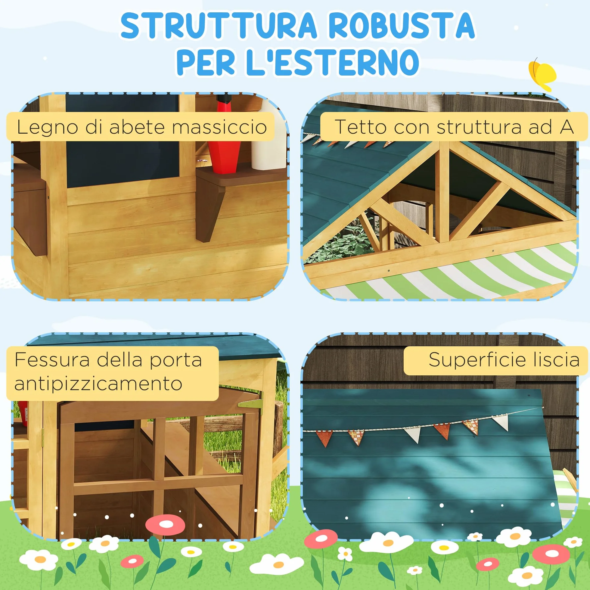 AIYAPLAY Casetta per Bambini in Legno di Abete, Casetta da Giardino Pieghevole con 5 Finestre, Tettoia, Porta e 2 Lavagne Nere, Casa da Esterno per Bimbi 3-8 Anni, 173x117x144 cm, Marrone