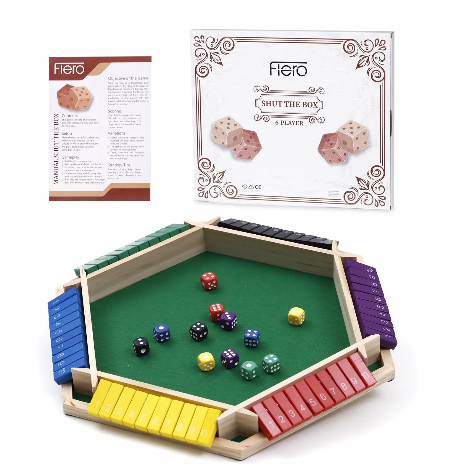 Flero Shut The Box - Set di dadi a 6 giocatori, tattica e gioco di calcolo (multicolore)