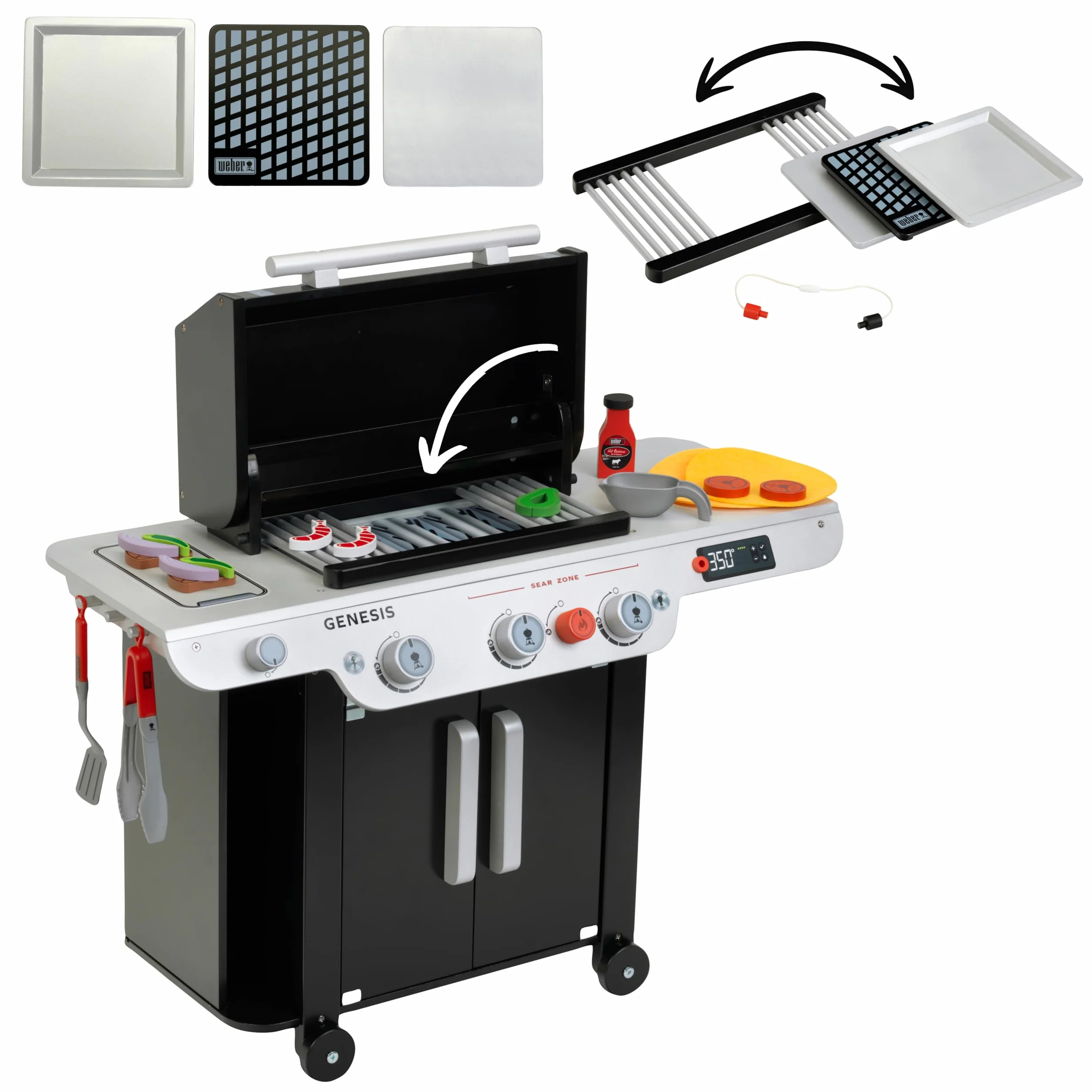 Theo Klein 9445 Weber Barbecue Genesis in legno I Inclusi inserti per bistecca, pizza o verdure I Con manici, utensili e posate da barbecue I Giocattolo per bambini dai 3 anni in su