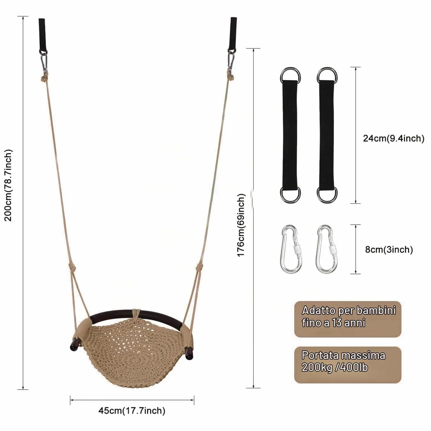 Altalena da Giardino per Bambini con Corde Regolabili, Altalena Per Bambini Lavorata A Mano, Ideale Per Alberi, Interni All'aperto, Parco Giochi, Cortile (KHAKI)