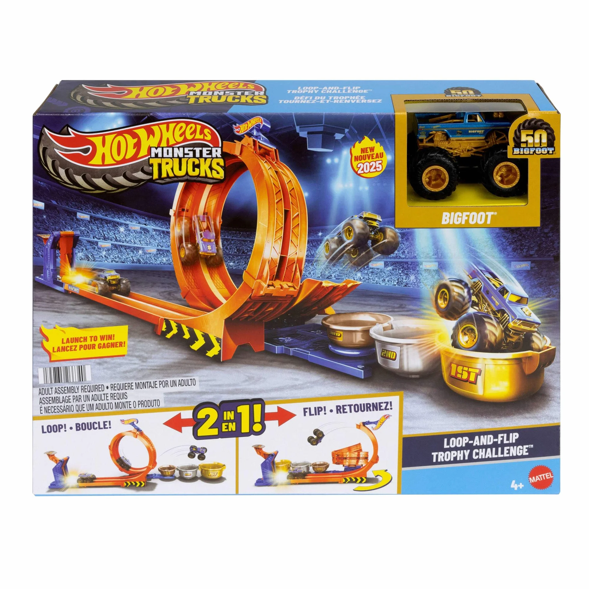 Hot Wheels Monster Trucks - Sfida Trofeo Gira e Capovolgi, playset con 2 modalità di gioco, pista e truck Bigfoot 50° anniversario incluso, giocattolo per bambini, 4+ anni, JBX64