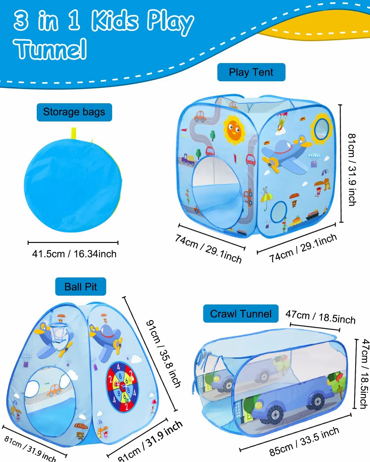 MAIKEHIGH Tende giocattolo Blue Plane, 3 in 1 Pop-Up Tunnel Gioco | Piscina Palline da Gioco all'Aperto al Coperto con Casetta Giocattolo Regalo per Neonate Ragazzi