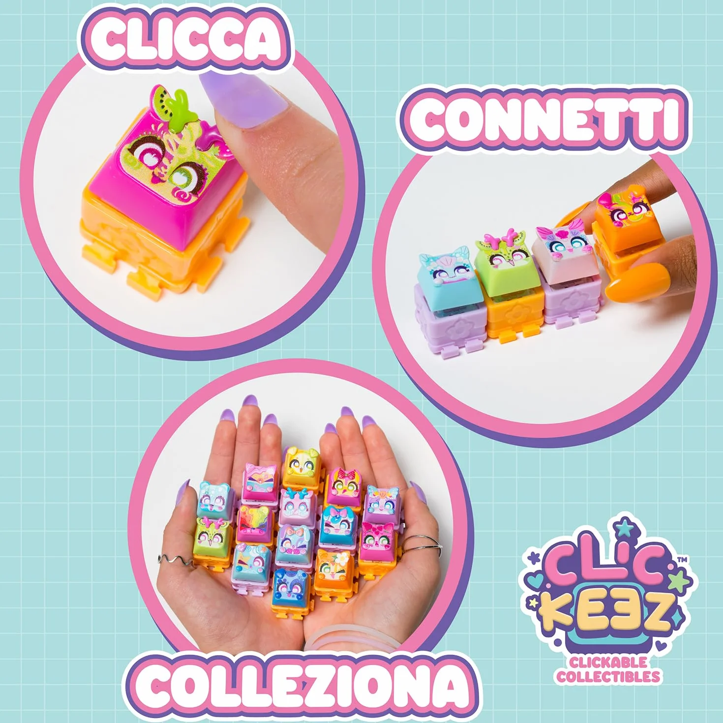 CLICKEEZ Multipack Serie 2 5 Mini Figure Kawaii Keycap Trasformabile Portachiavi Fidget Toy Sensoriale Effetto ASMR Gioco Collezionabile Da 6 Anni