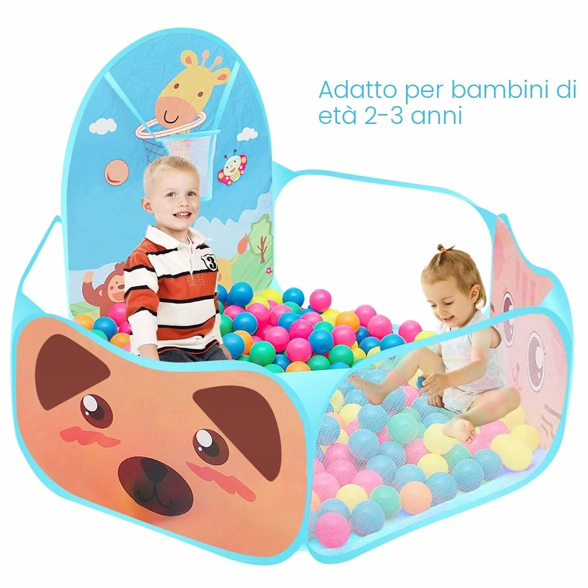 Tenda da gioco per bambini, automontante e pieghevole, con motivo stile cartone animati, con piscina per palline e canestro da basket per uso in ambienti interni ed esterni casetta per bambini