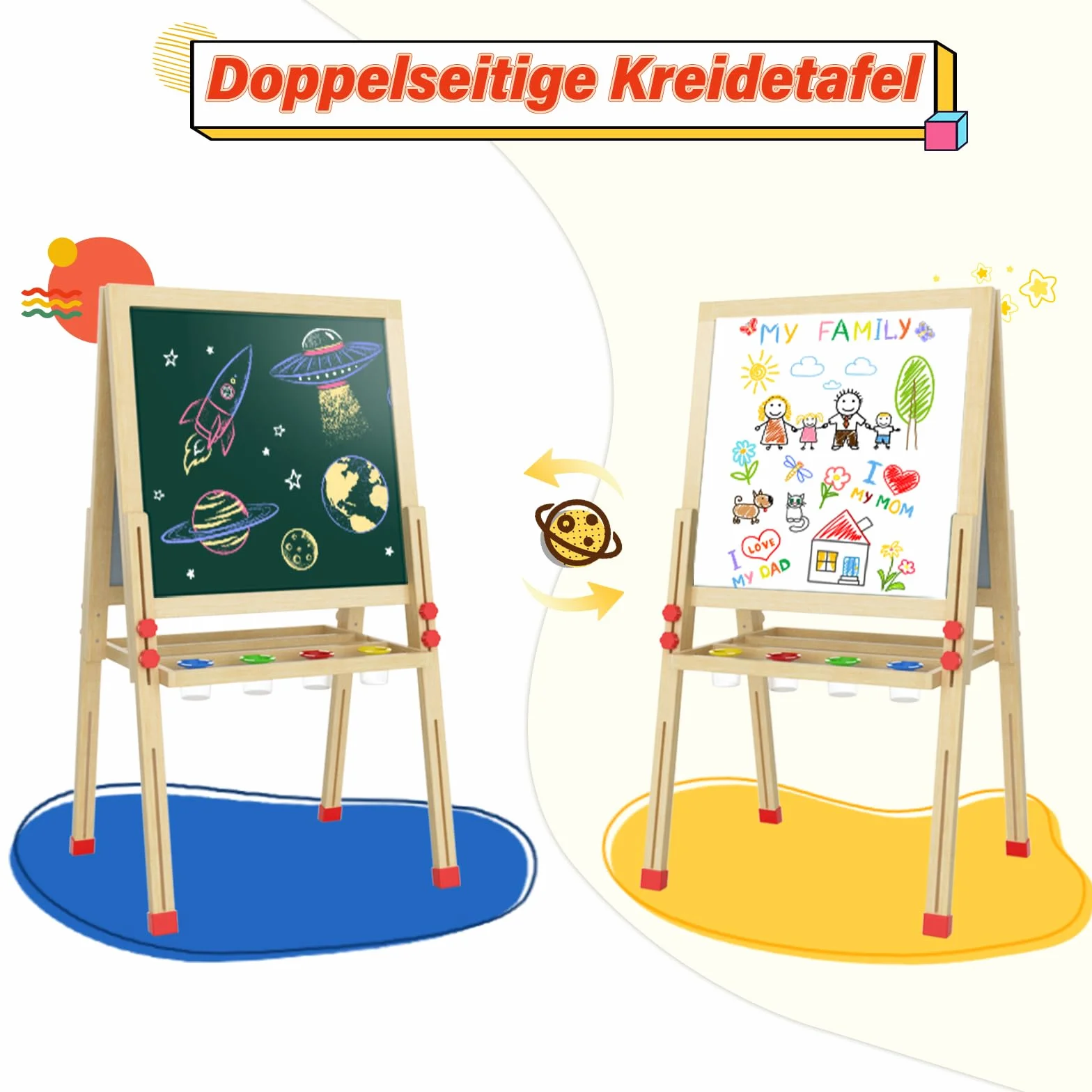 Dripex Bambini con Cavalletto pieghevole in Legno Regolabile in Altezza, Lavagna a Doppia Faccia con 26 Accessori per la pitturaper(49x49x88-105cm)
