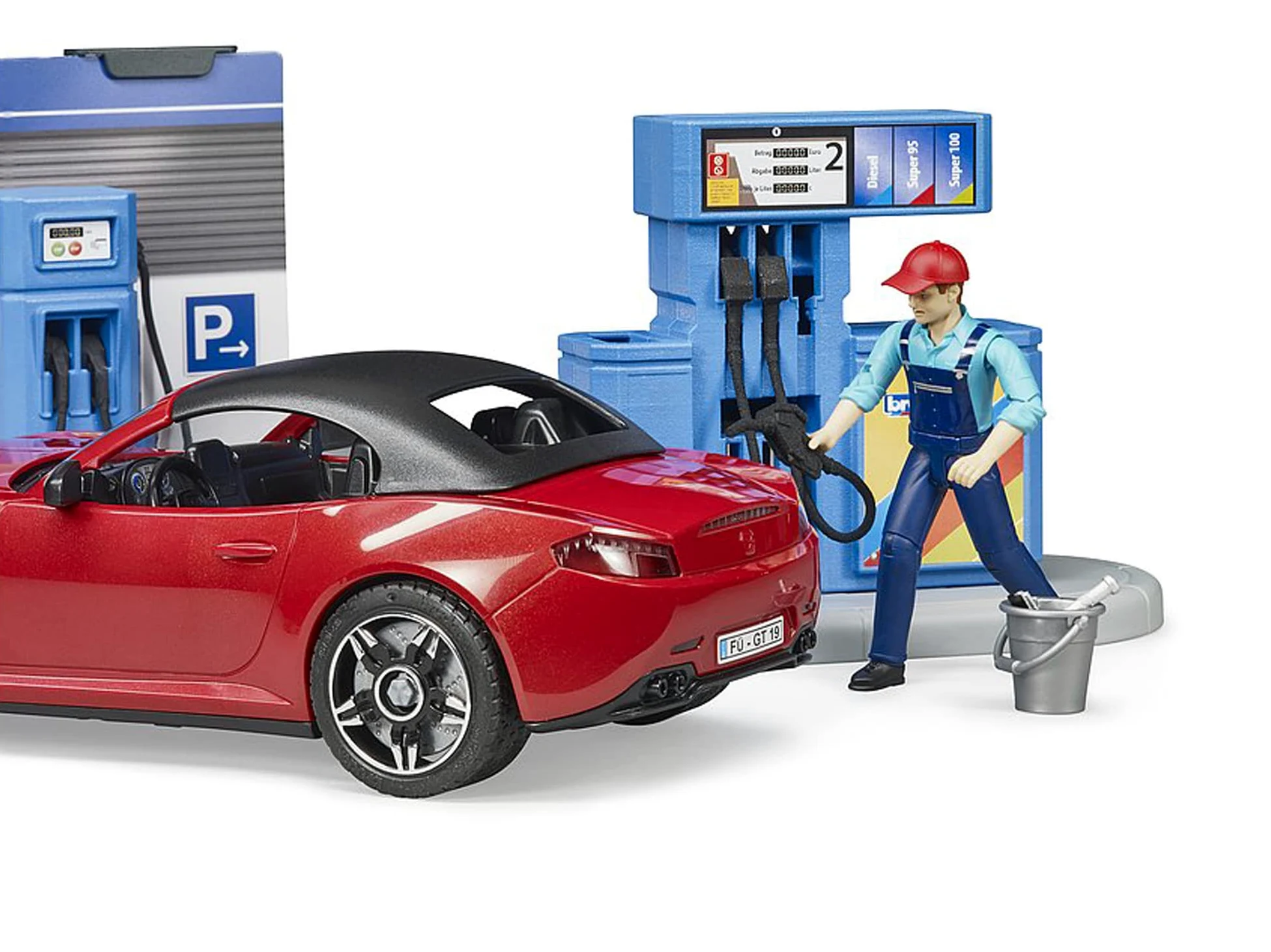 bruder 62111 - stazione di servizio bworld con pompa di benzina, stazione di ricarica per e-car, roadster, conducente, area di lavaggio, addetto alla stazione di servizio
