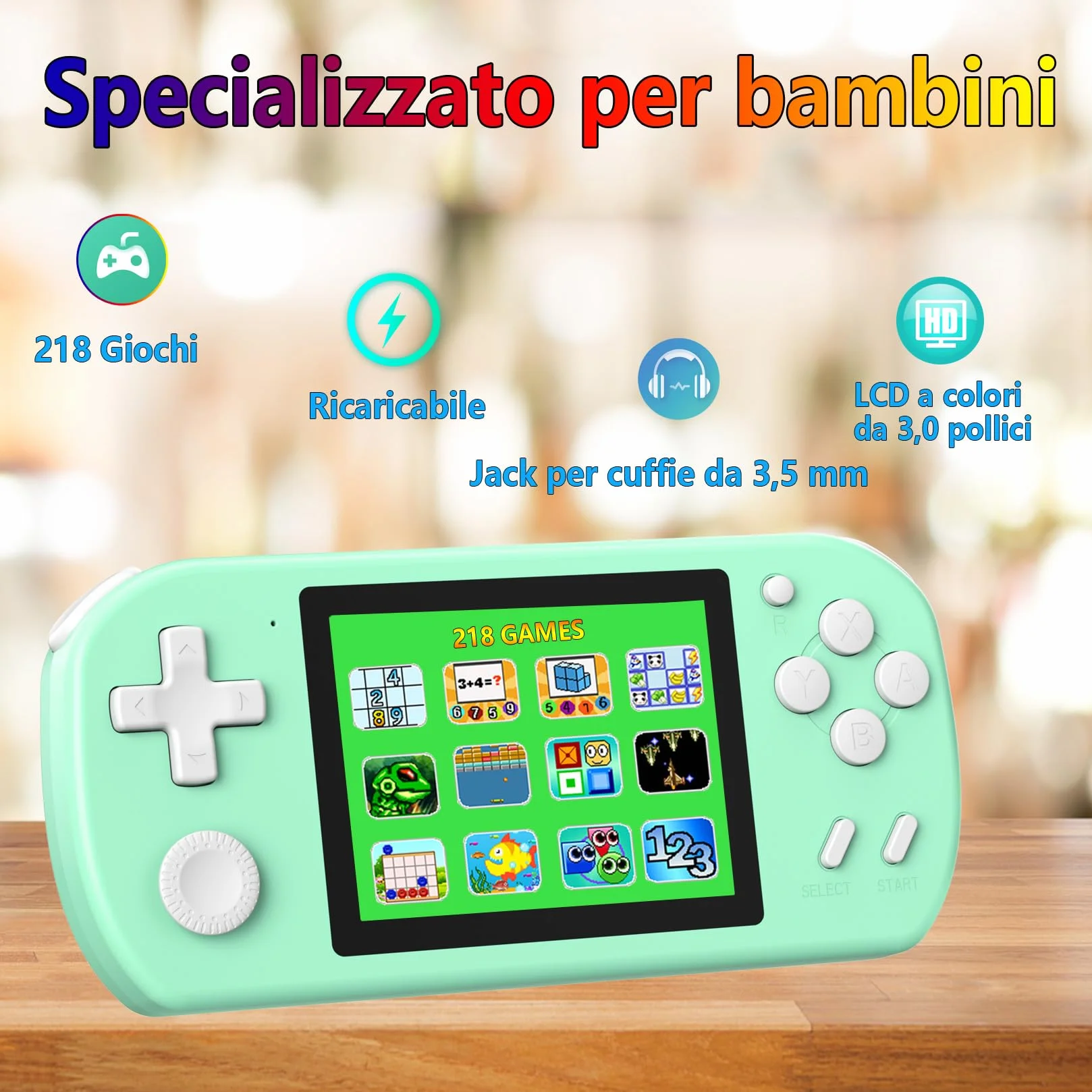 Console Portatile Gaming per Bambini con 218 Videogiochi Retrò Precaricati, Mini Retro Console con Batteria Ricaricabile e Schermo LCD da 3,0”, Regalo Elettronici per Bambini e Bambine, Ciano