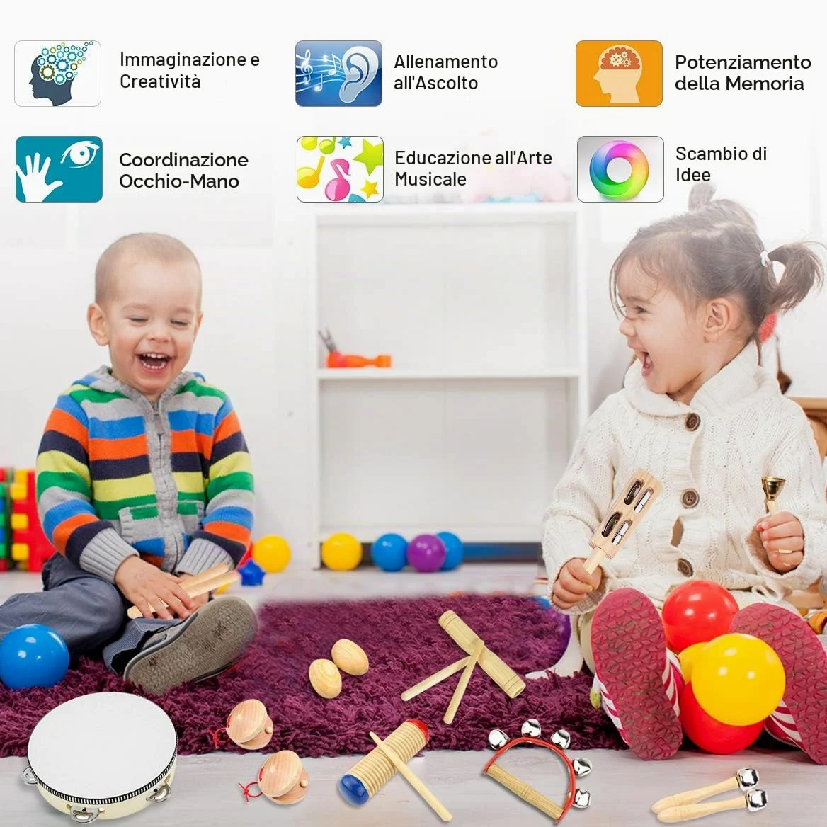 Strumenti Musicali Bambini, ULIFEME 23 Pezzi Strumenti Musicali Legno, Giochi Musicali A Percussione Giocattolos per Bimbi, Set Ritmo di Percussioni Premium, Materiale 100% Legno Puro+ Borsa di Cotone