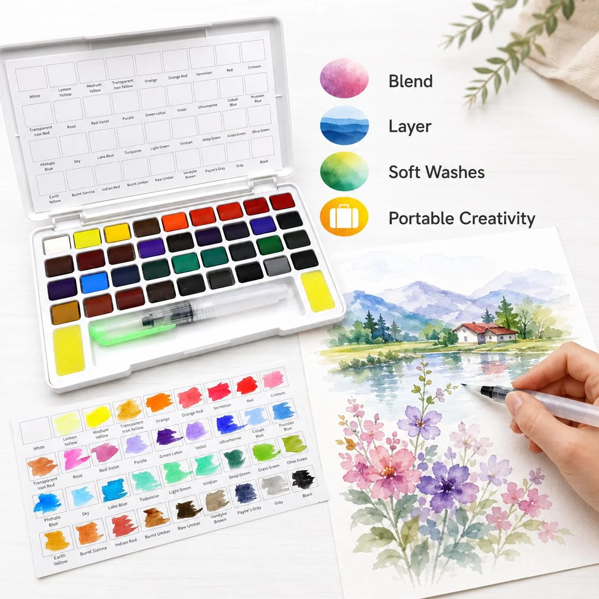 Artme Acquarelli/Set per pittura ad acquerello con cubo in custodia da trasporto con pennello - 36 colori vivaci, fornitura artistica essenziale.