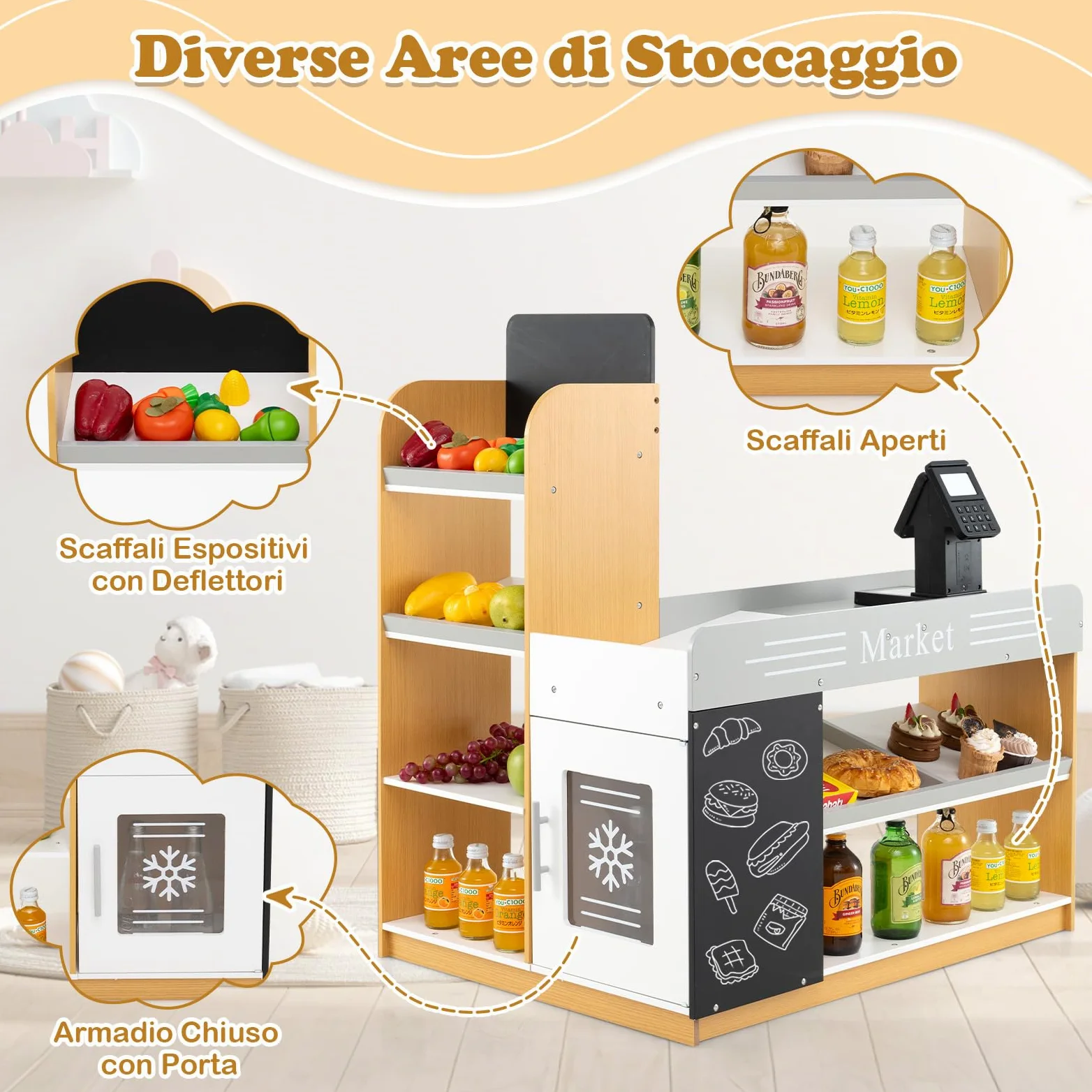 COSTWAY Set da Gioco da Supermercato, Banco di Mercato per Bambini in Legno con Carrello della Spesa, 2 Lavagne e Registratore di Cassa, Scaffali Espositivi, per Bambini 3+ Anni