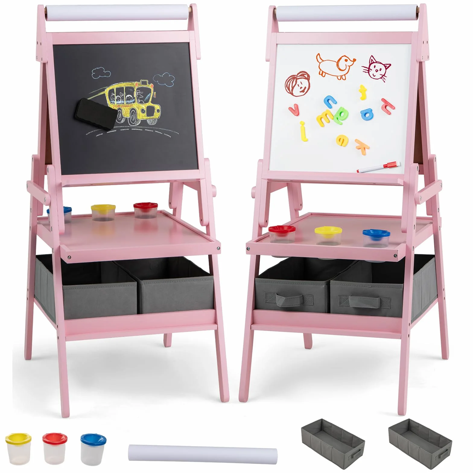 RELAX4LIFE 3 in 1 Lavagna per Bambini Cavalletto Doppia Faccia Magnetica Lavagna Bianca Rotolo Carta Scaffale Doppio 2 Cesto Tessuto Pieghevole Rosa