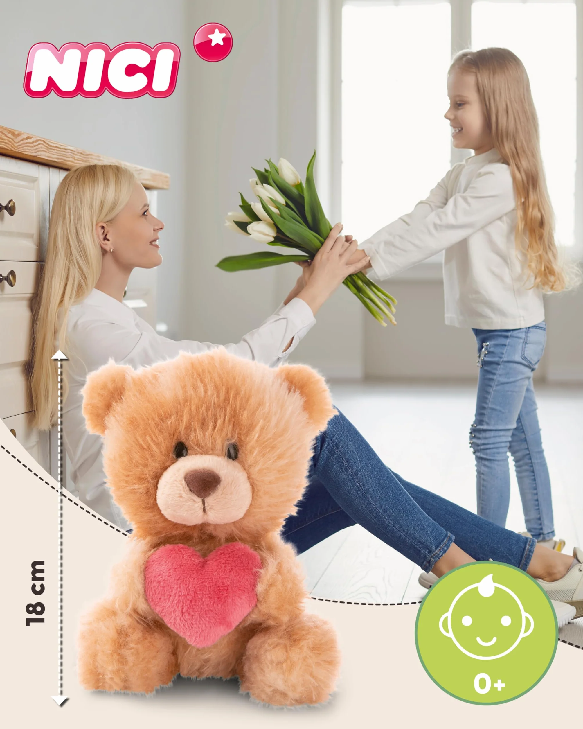 NICI Orsetto di peluche con cuore 18cm - marrone chiaro - Morbido peluche, carino da coccolare e giocare, per bambini e adulti, un'ottima idea regalo - 61559