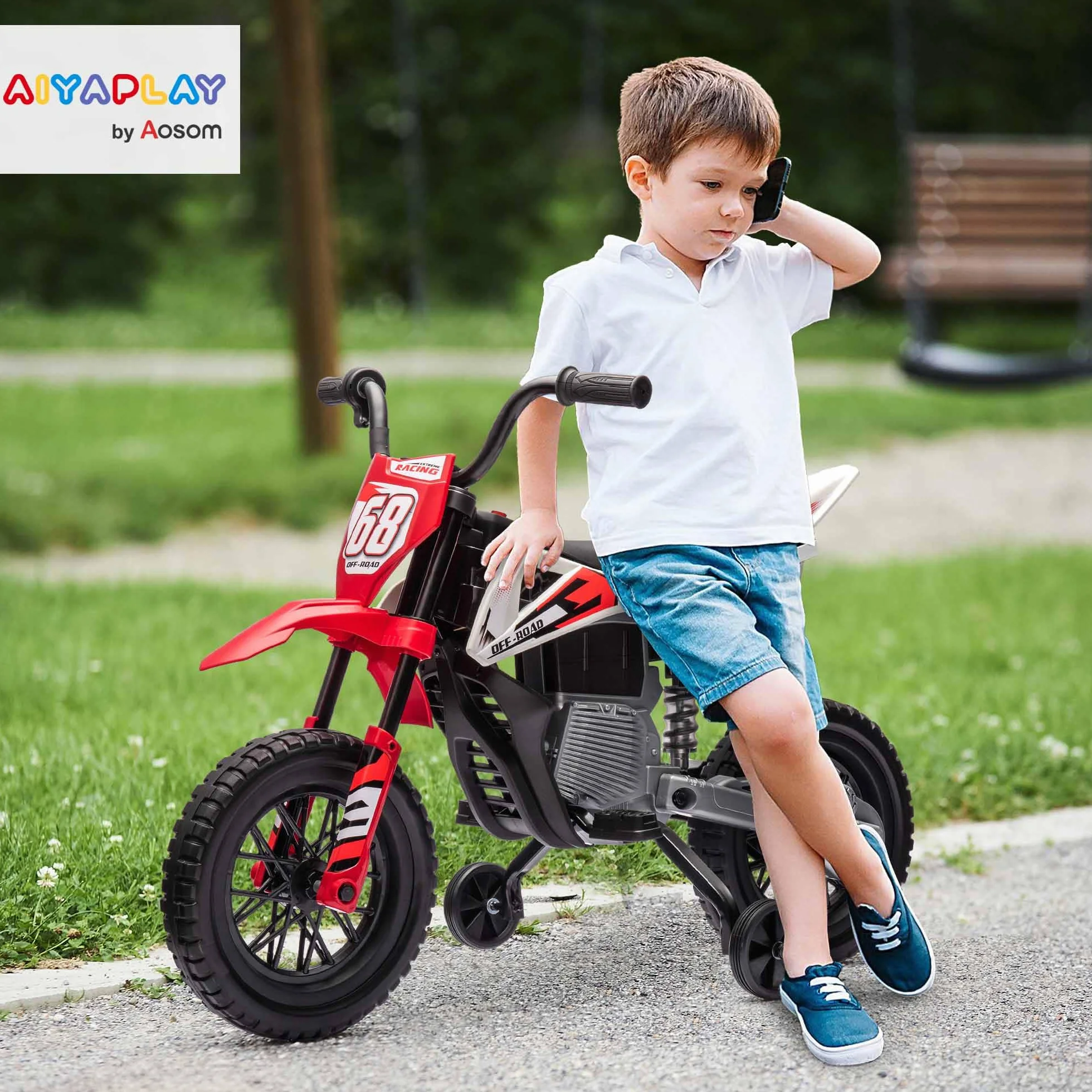 AIYAPLAY 12V Moto Elettrica per Bambini 3-6 Anni con 2 Motori e Acceleratore Manuale, Mini Moto Cross per Bambini con Sospensione, Ruote Rimovibile, Indicatore di Carica, Suoni, 2.4-5km/h, Rosso