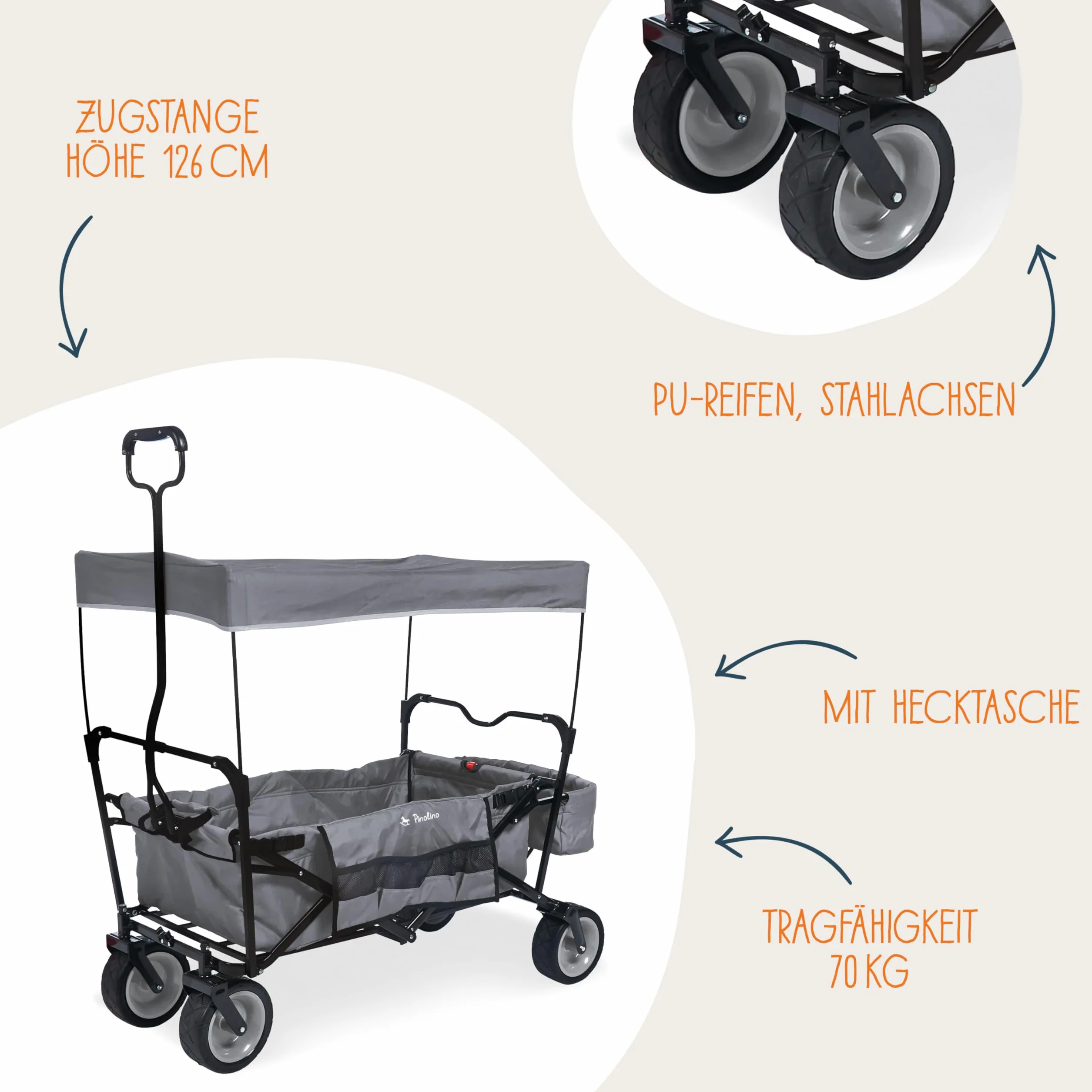 Pinolino Paxi - Carrello pieghevole pieghevole con tettuccio parasole, borsa posteriore e borsa per il trasporto, pneumatici in poliuretano, capacità di carico 70 kg, colore: Grigio
