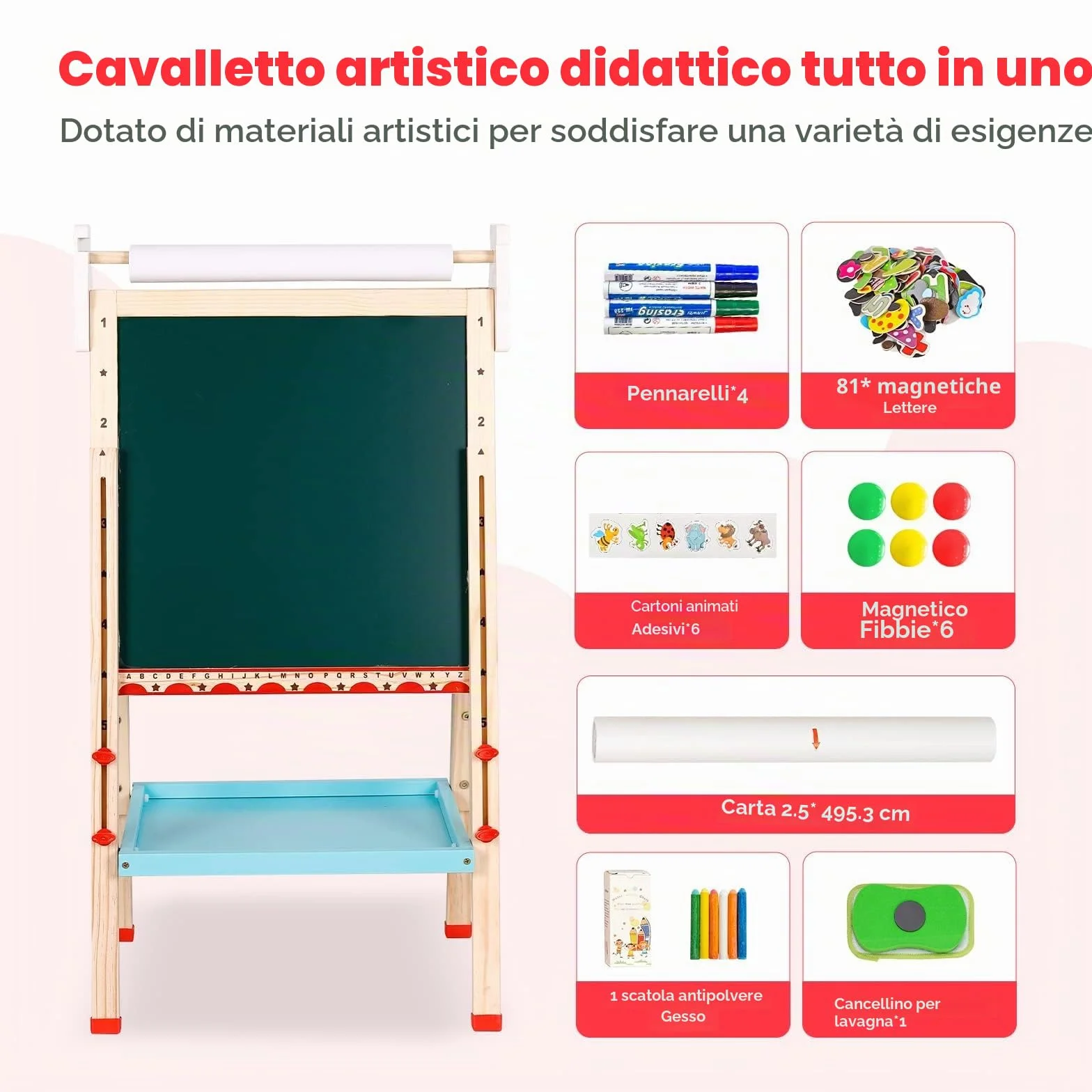 Lavagna per Bambini a Doppia Faccia con Cavalletto Regolabile, Giochi Educativi 3+ Anni