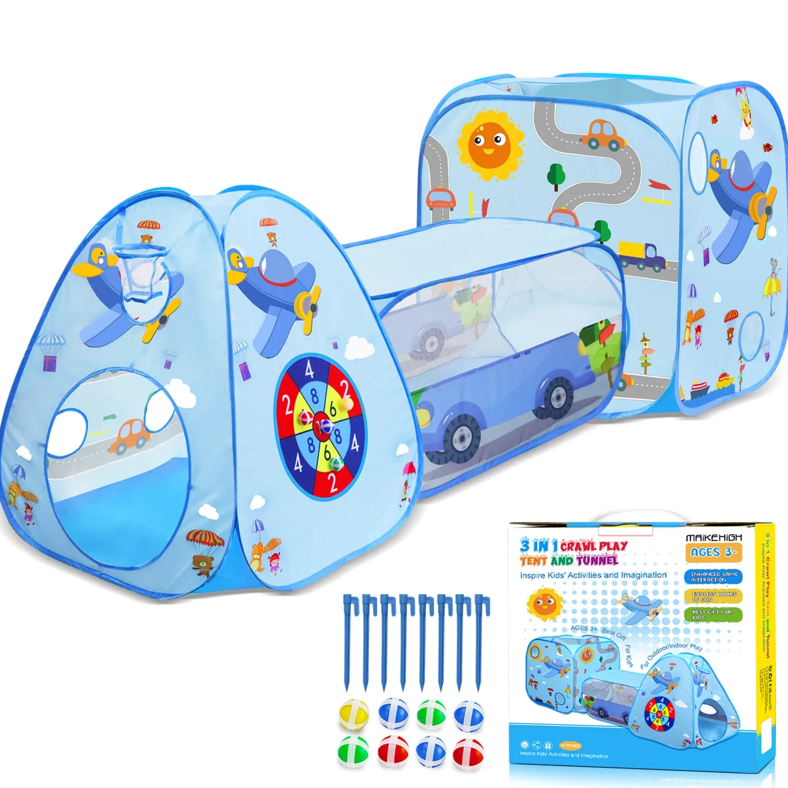 MAIKEHIGH Tende giocattolo Blue Plane, 3 in 1 Pop-Up Tunnel Gioco | Piscina Palline da Gioco all'Aperto al Coperto con Casetta Giocattolo Regalo per Neonate Ragazzi