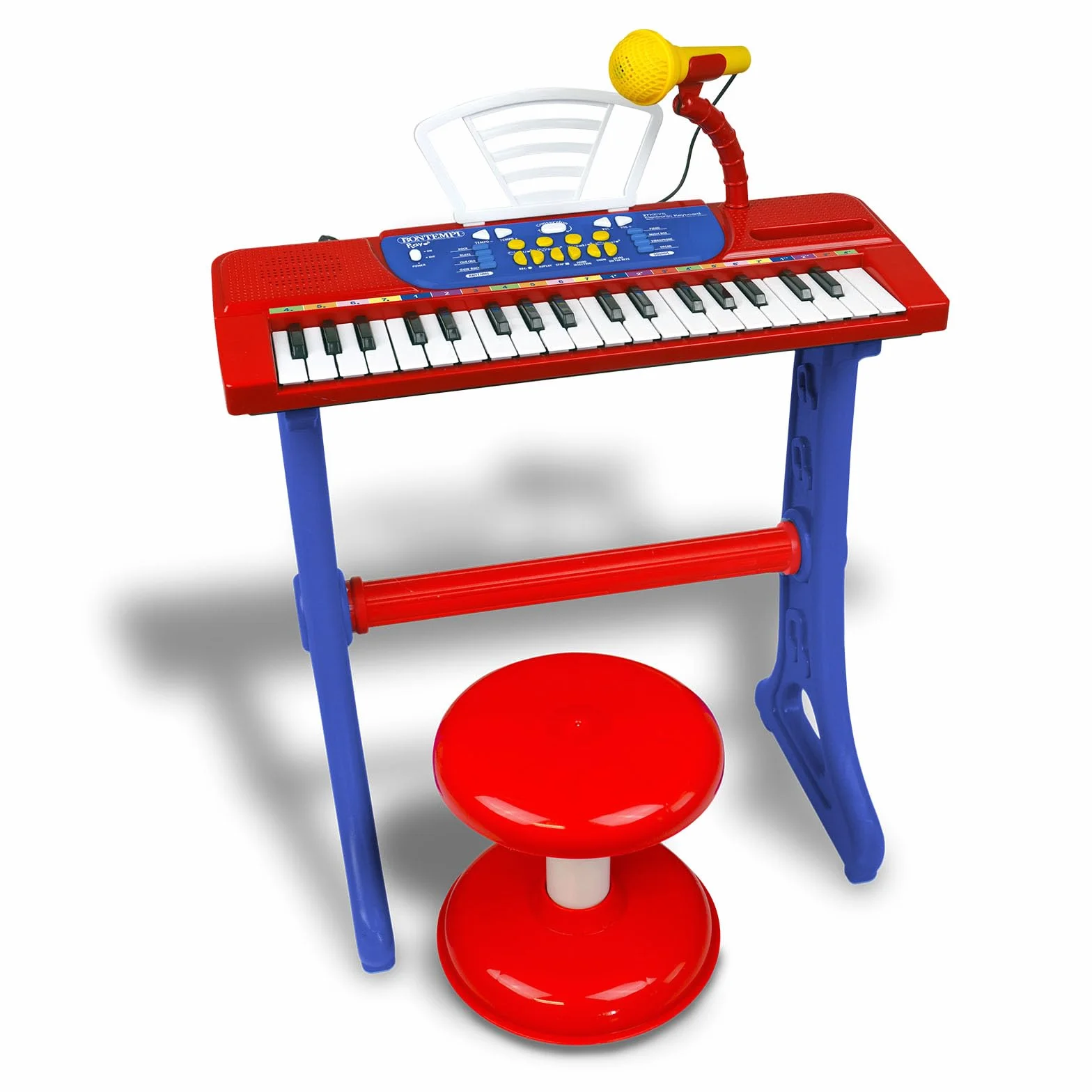 Bontempi | MiniKeyFun - Tastiera Giocattolo a 37 Tasti per Piccoli Musicisti con Microfono, Sgabello e Leggio, Blu e Rosso, 54,4x32,9x15,9 cm