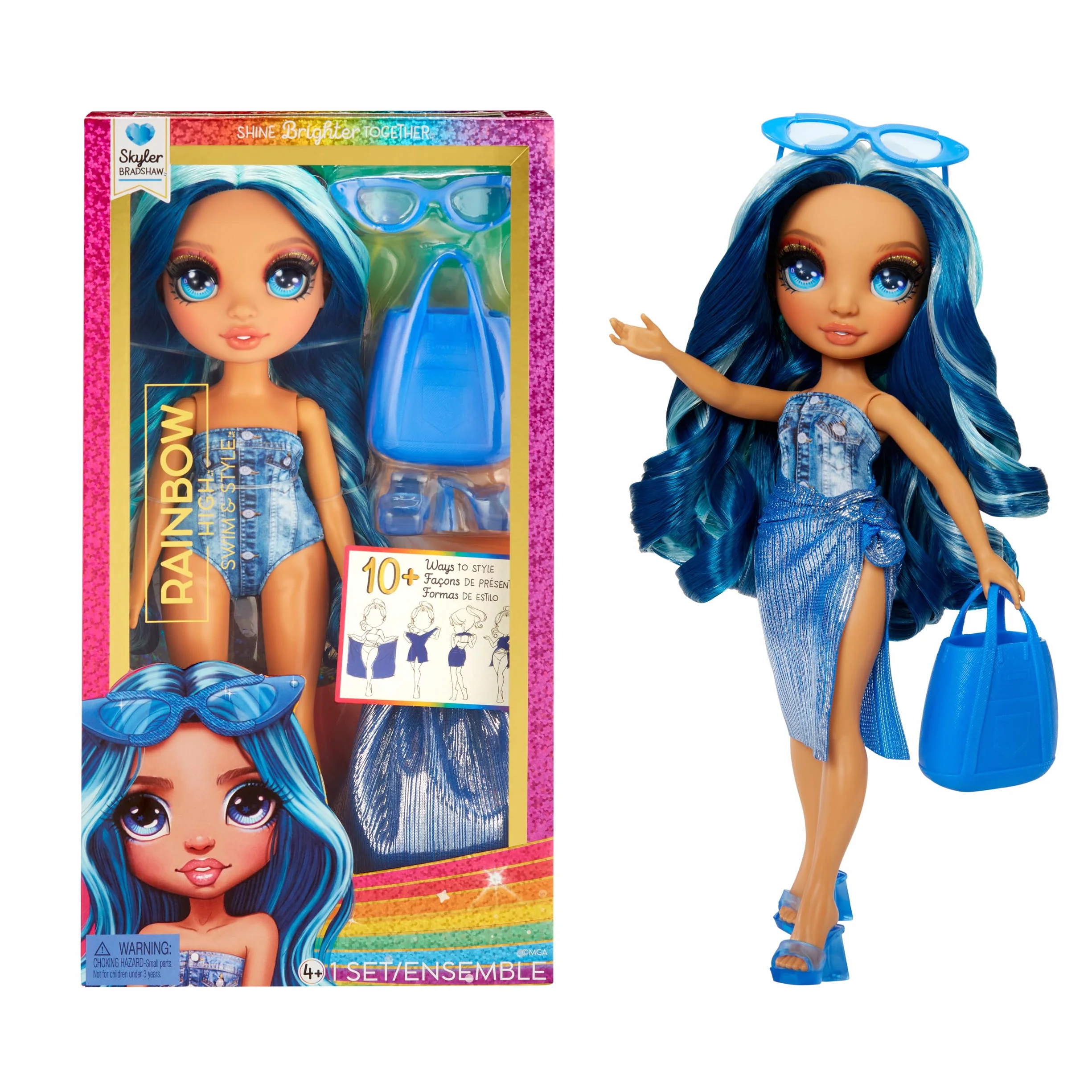 Rainbow High Swim & Style - Skyler (Blu) - Bambola da 28 cm con confezione scintillante e oltre 10 outfit - Costume da bagno rimovibile, sandali, accessori divertenti - Età 4-12 anni