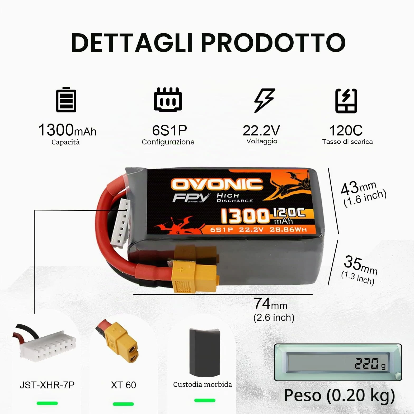 OVONIC Batteria Lipo da 6s, 1300 mAh, 22,2 V, 120 C, con spina XT60, per elicottero RC FPV, aereo, quadricottero, hobby racing (2 pezzi)