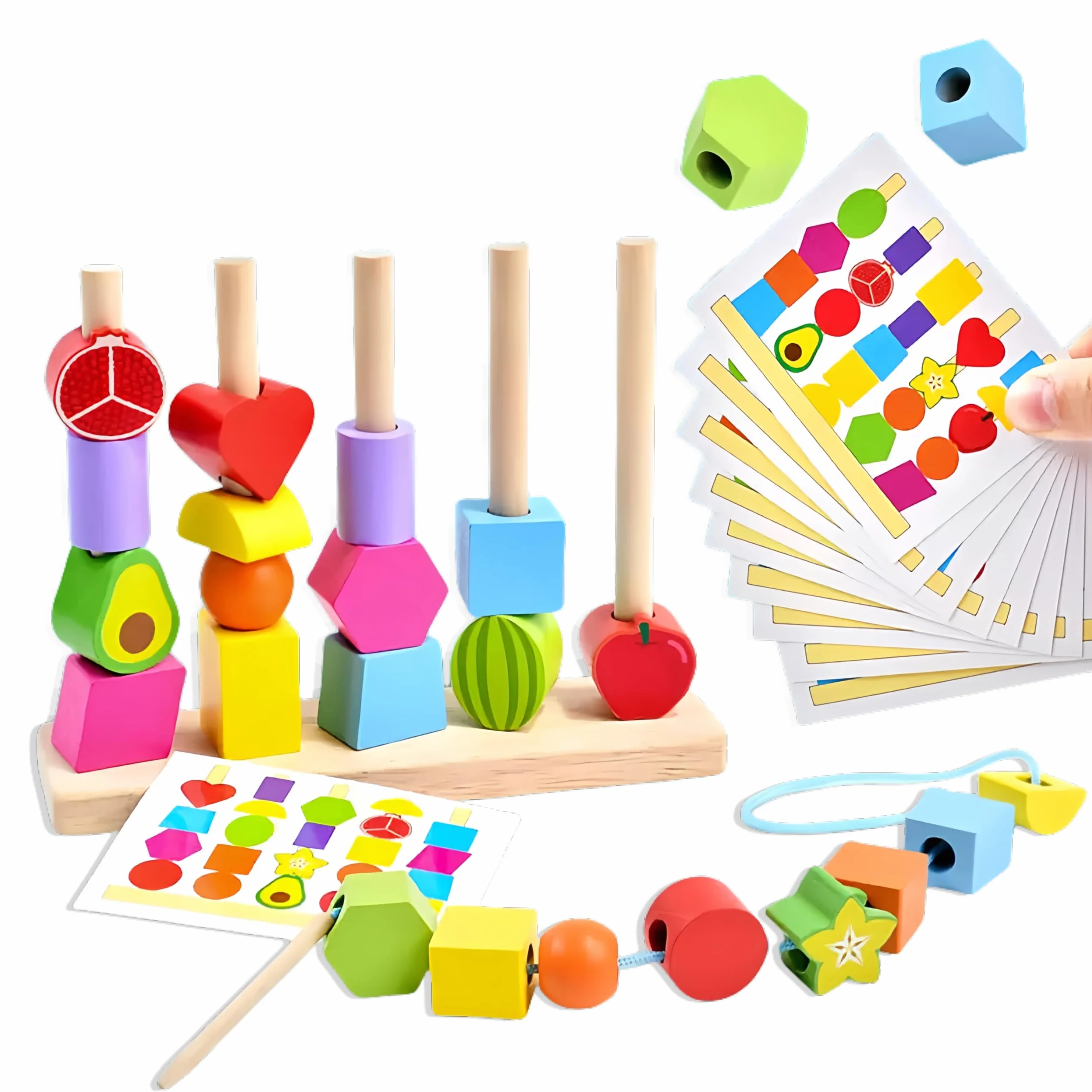 Echehi 2 in 1 Giocattoli Montessori da Infilare per Bambini, Perline da Infilare, Forme da Abbinare, Sviluppo delle Capacità Motorie Fini, Blocchi in Legno da Impilare