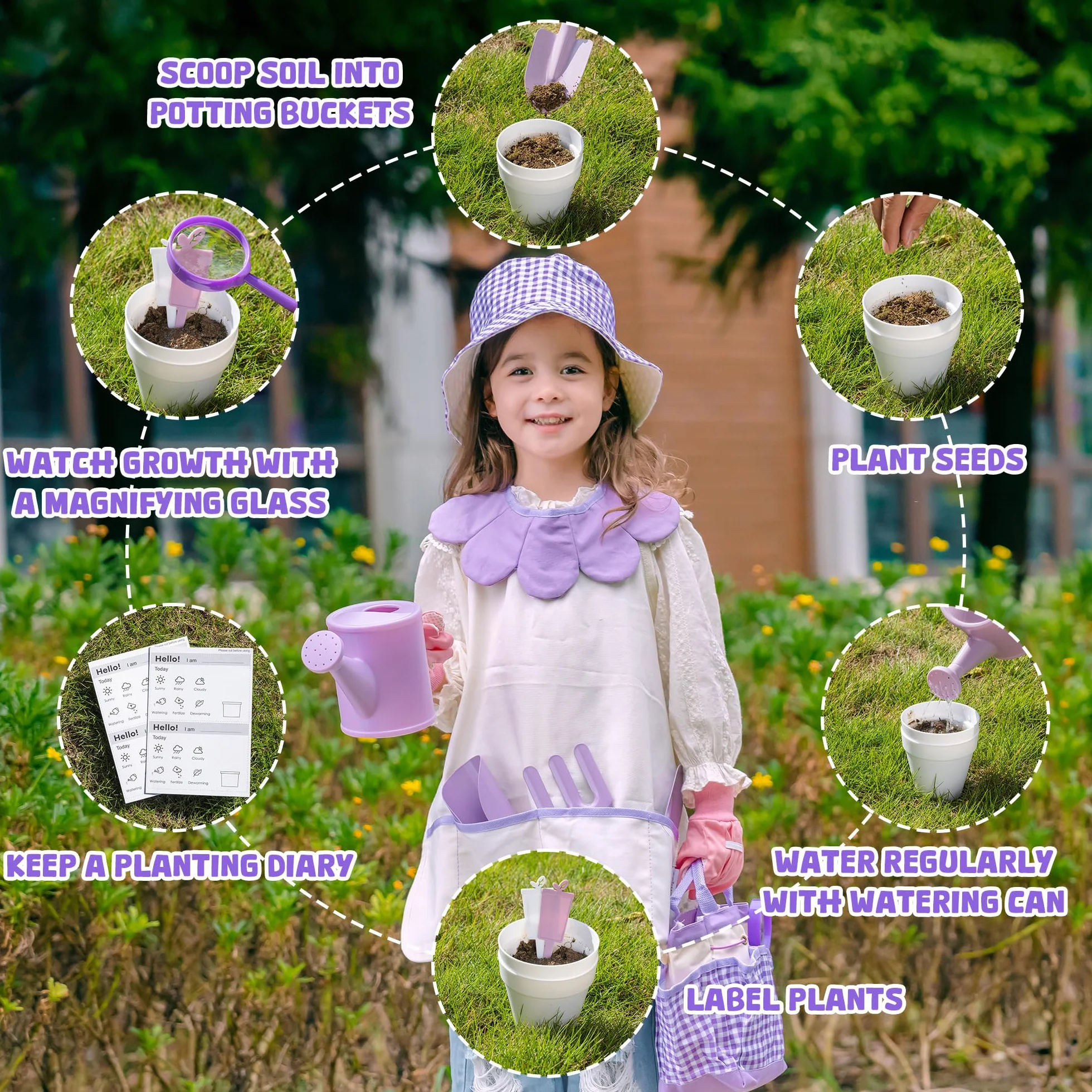 ROBUD Set da giardinaggio per bambini, 17 pezzi, con annaffiatoio per bambini, grembiule, forchetta e pala da giardino, paletta cilindrica, guanti da giardinaggio e borsa tote, giocattoli da giardino