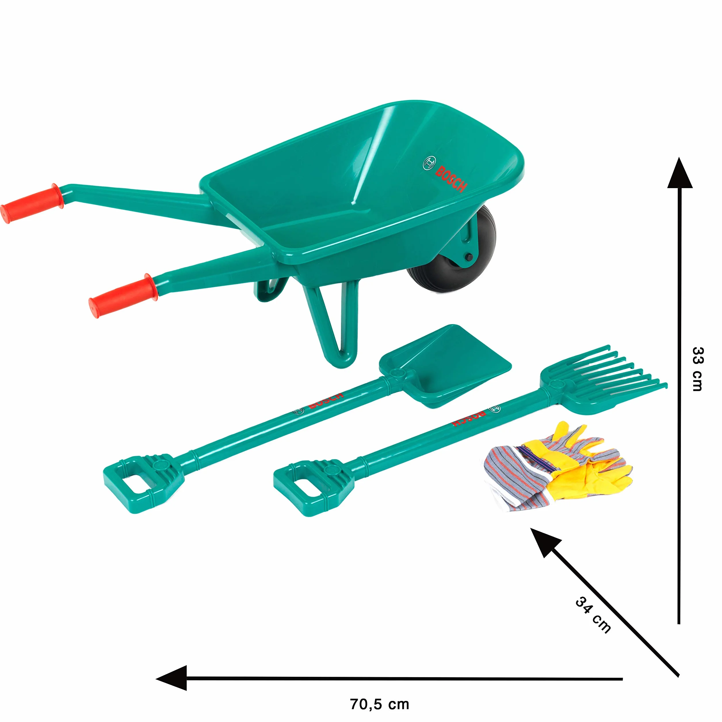 Theo Klein Bosch 2660 - Set da giardino con carriola, con pala, rastrello e guanti da lavoro, dimensioni: 70,5 cm x 34 cm x 33 cm, giocattolo per bambini dai 3 anni in su