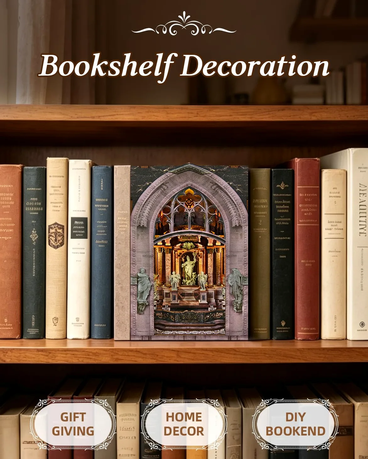 MiniCity Kit Book Nook, casa delle bambole fai da te, casa delle bambole, casa in miniatura per adulti, con luce LED, puzzle in legno 3D e fermalibri, decorazione e regalo (Duomo di Mliano)