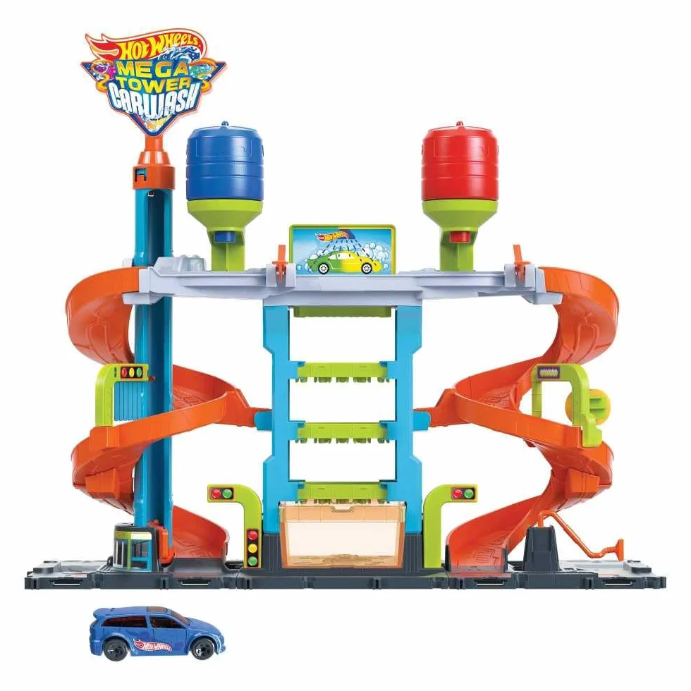 Hot Wheels - Hot Wheels City Mega Torre Autolavaggio, 1 macchinina Color Shifters, pratici serbatoi per acqua calda e fredda, si collega ad altri set, Giocattolo per Bambini 4+ Anni, HDP05