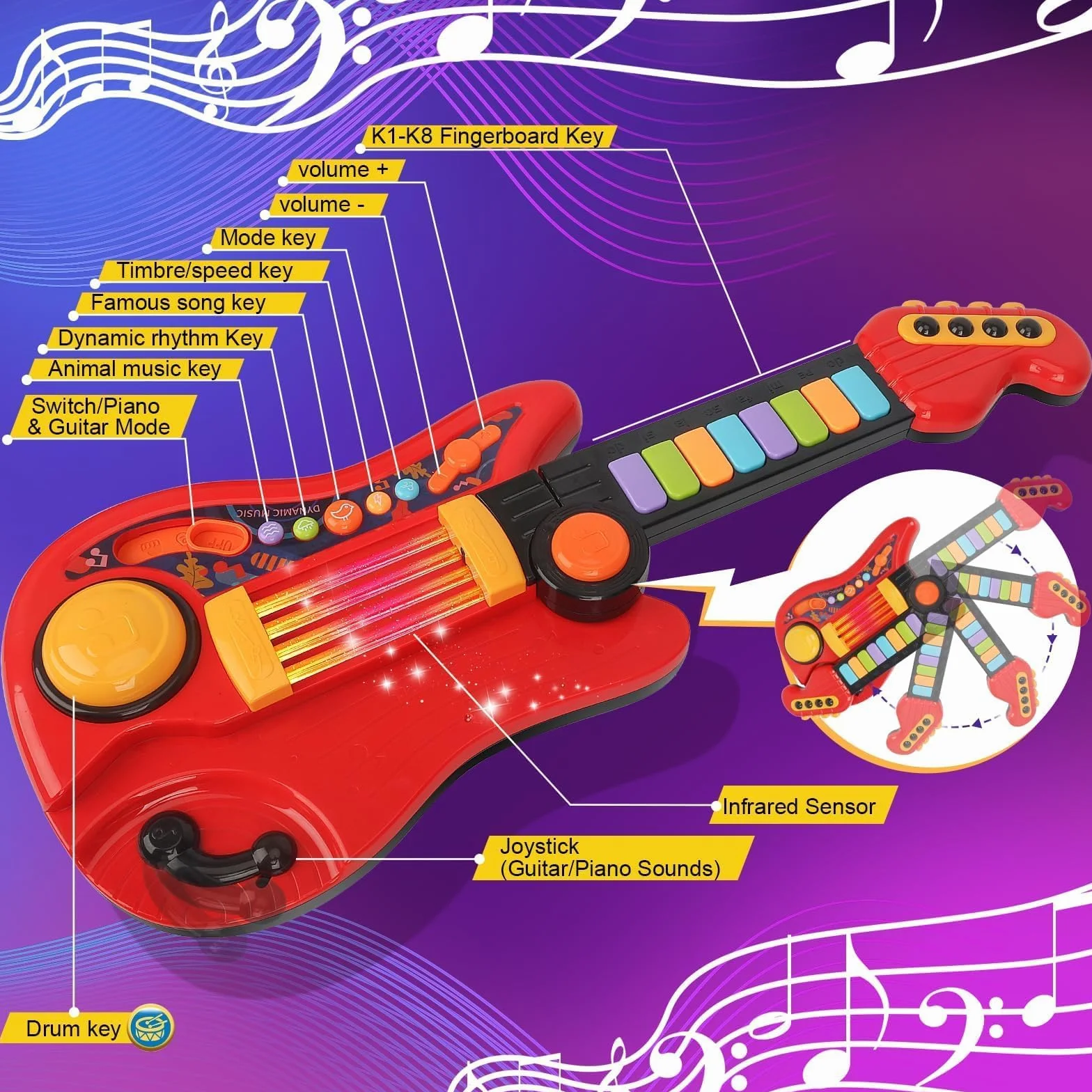 Chitarra Giocattolo 2-in-1 Strumento Musicale Elettrico per Bambini 3-5 Anni (Rosso)