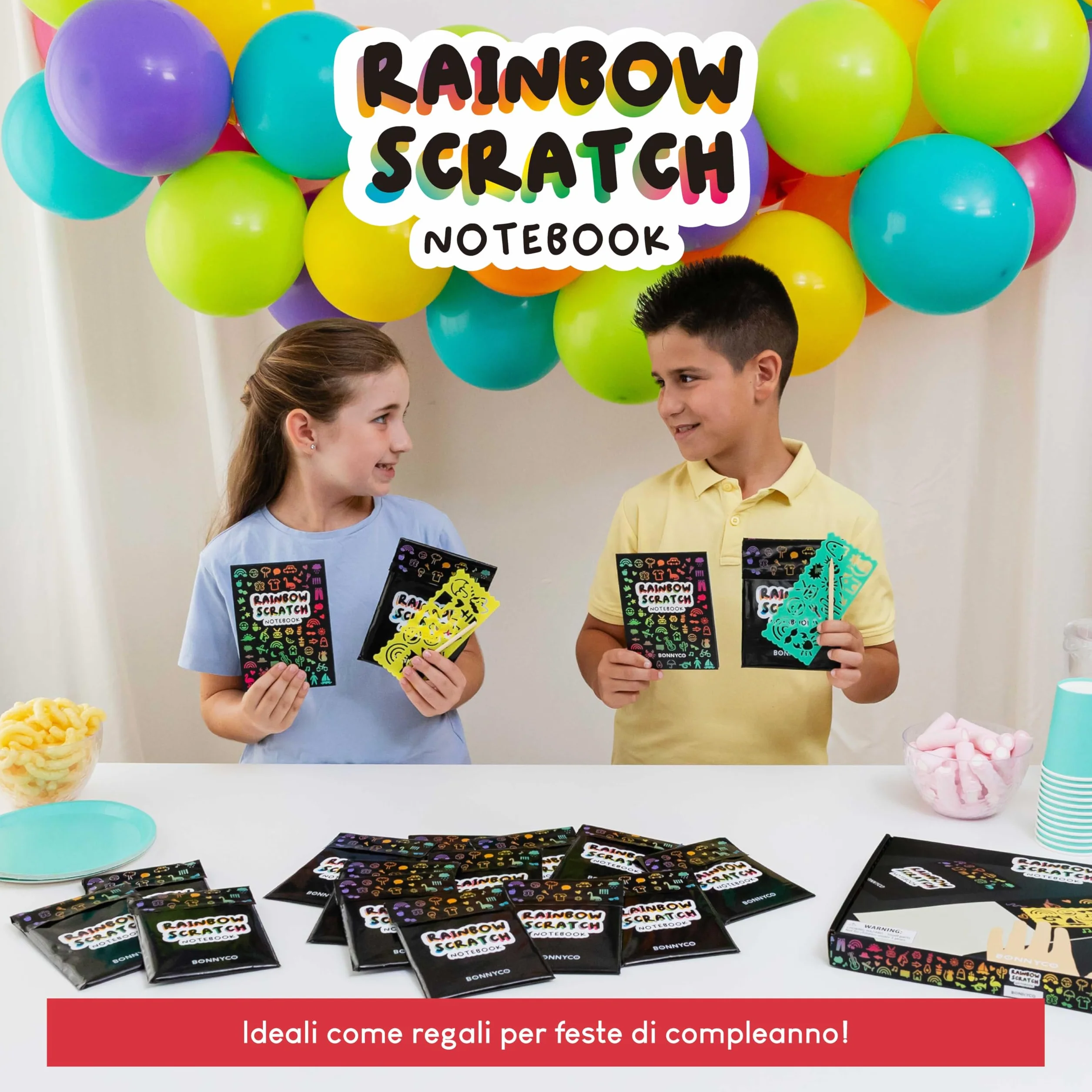 BONNYCO Scratch Art Bambini, 16 Set con Quaderno da Grattare, Stencil e Penna in Legno