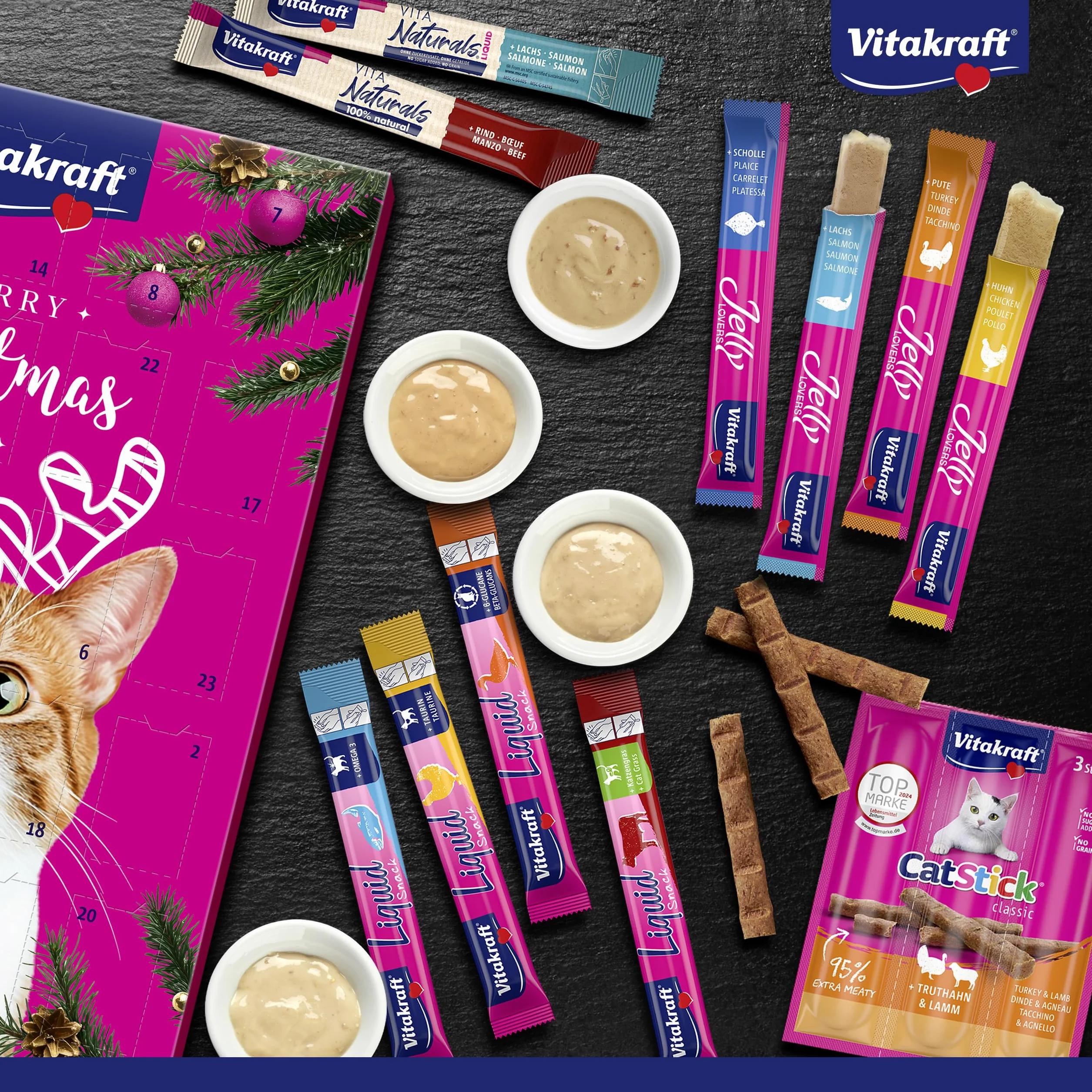 Vitakraft Calendario dell’avvento gatto, per Natale 2025, deliziosi snack selezionati con cura, per il periodo dell’avvento, snack per gatti di tutte le età (1x 363g)